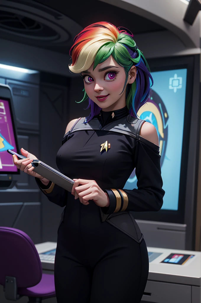 wide shot, ((best quality)), ((highly detailed)), masterpiece, (detailed eyes, deep eyes), (1girl), dynamic angle, cowboy shot, mlp rainbow dash, woman, smile, looking at viewer, ((rainbow colored hair)), ((purple eyes)), Standing next to a computer panel, , large breasts, realistic proportions, curvy body, lipstick, curvy hips, subtly visible breasts, (((star trek warp core background))), dim lighting, facing computer screen, (((black uniform, grey shoulders))), opening jacket, holding a tablet, 
