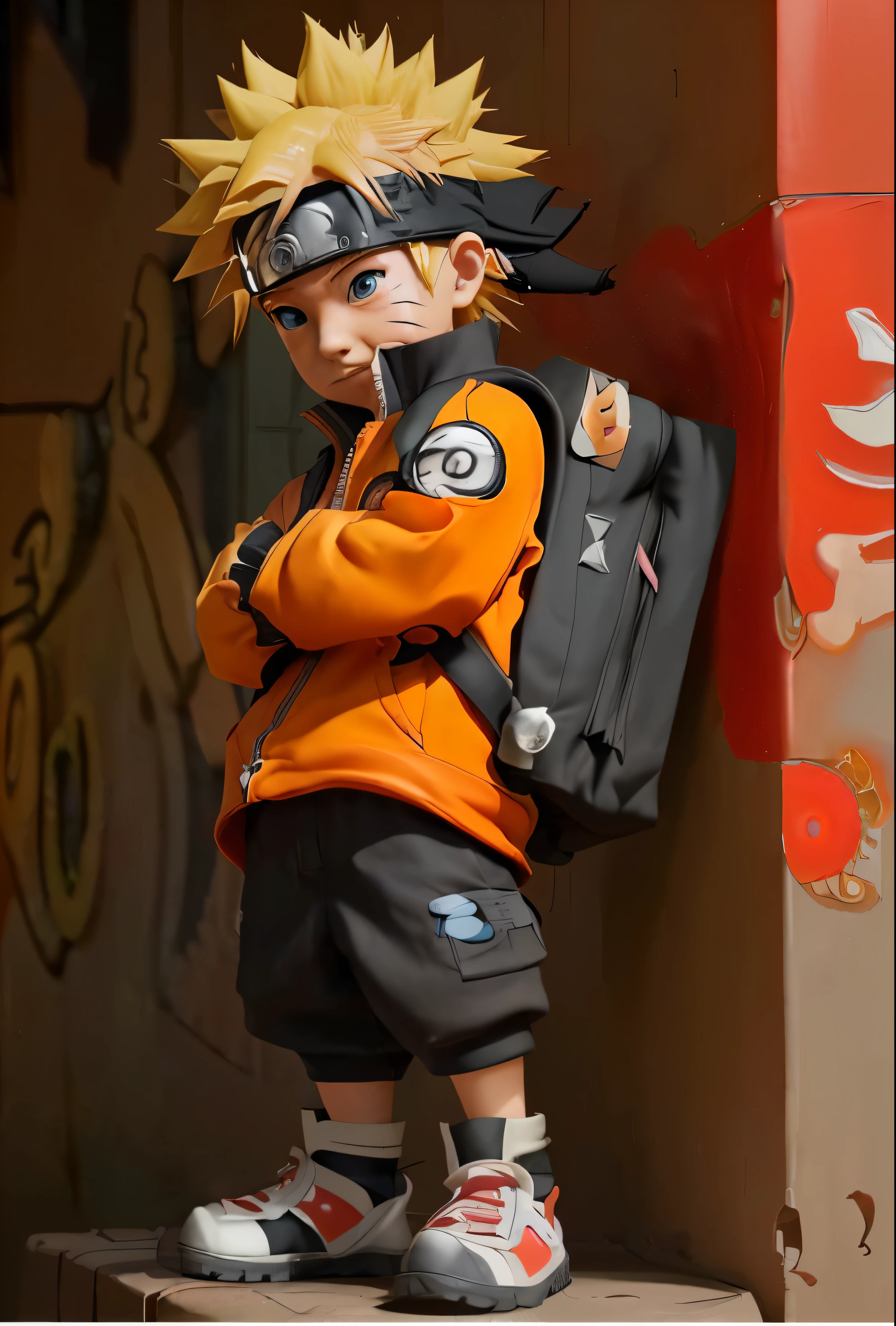 a Naruto ??? version , fighting with other anime in worm eye view, blazing spiral clouds