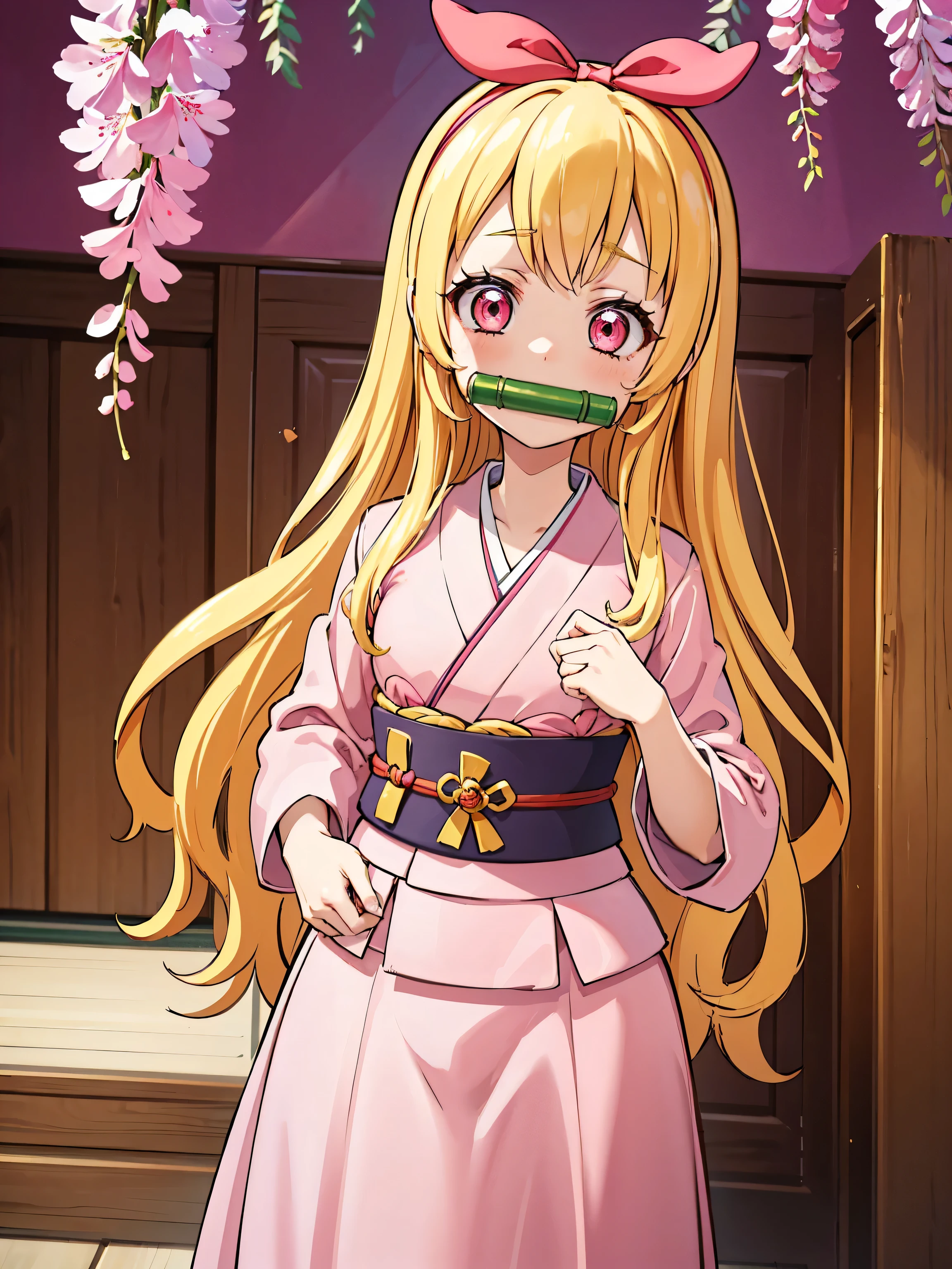 masterpiece, (pink kimono), seductive face, good lighting, low-cut, fine details, masterpiece, glowing eyes, 1girl,Blonde hair, gag, bamboo, Nezuko Kamado, wisteria background, masterpiece, best quality, POV, whole body, wide hips,hosimiya ichigo