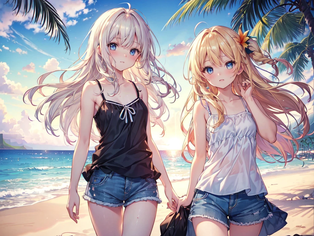 18-year-old blonde girl, Turquoise eyes, long-haired,Braid left and right, White T-shirt,Black swim trunks ... Show off your legs....on the sea, On the white sandy beach...With a slightly smiling face..........