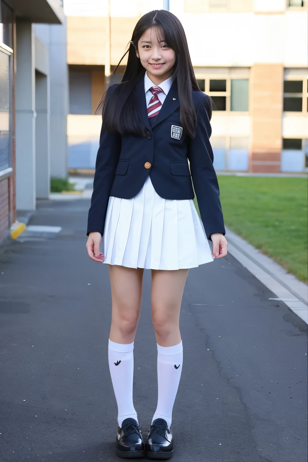 Standing in the schoolyard、Cute Japanese high school girl with long black hair、Beautiful、Uniform miling、Full body portrait