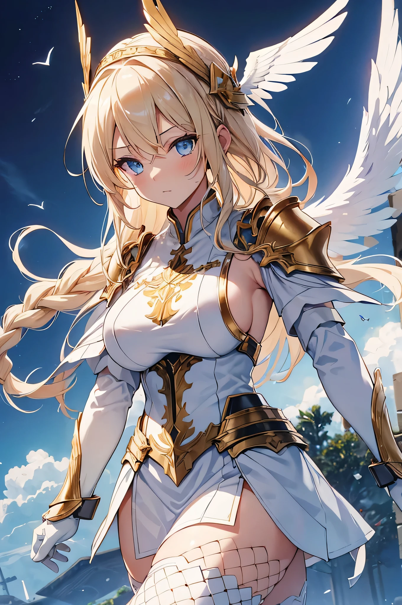 4k,High resolution,One Woman,Blonde,long hair,Braid,Blue Eyes,Big Breasts,Valkyrie,White sacred armor,Full Armor,Heavy Armor,Sideboob,white glove,White shoes,Fishnet tights,Winged headgear,Gold decoration,Jewelry decoration,Great Holy Sword,Temple in the Sky