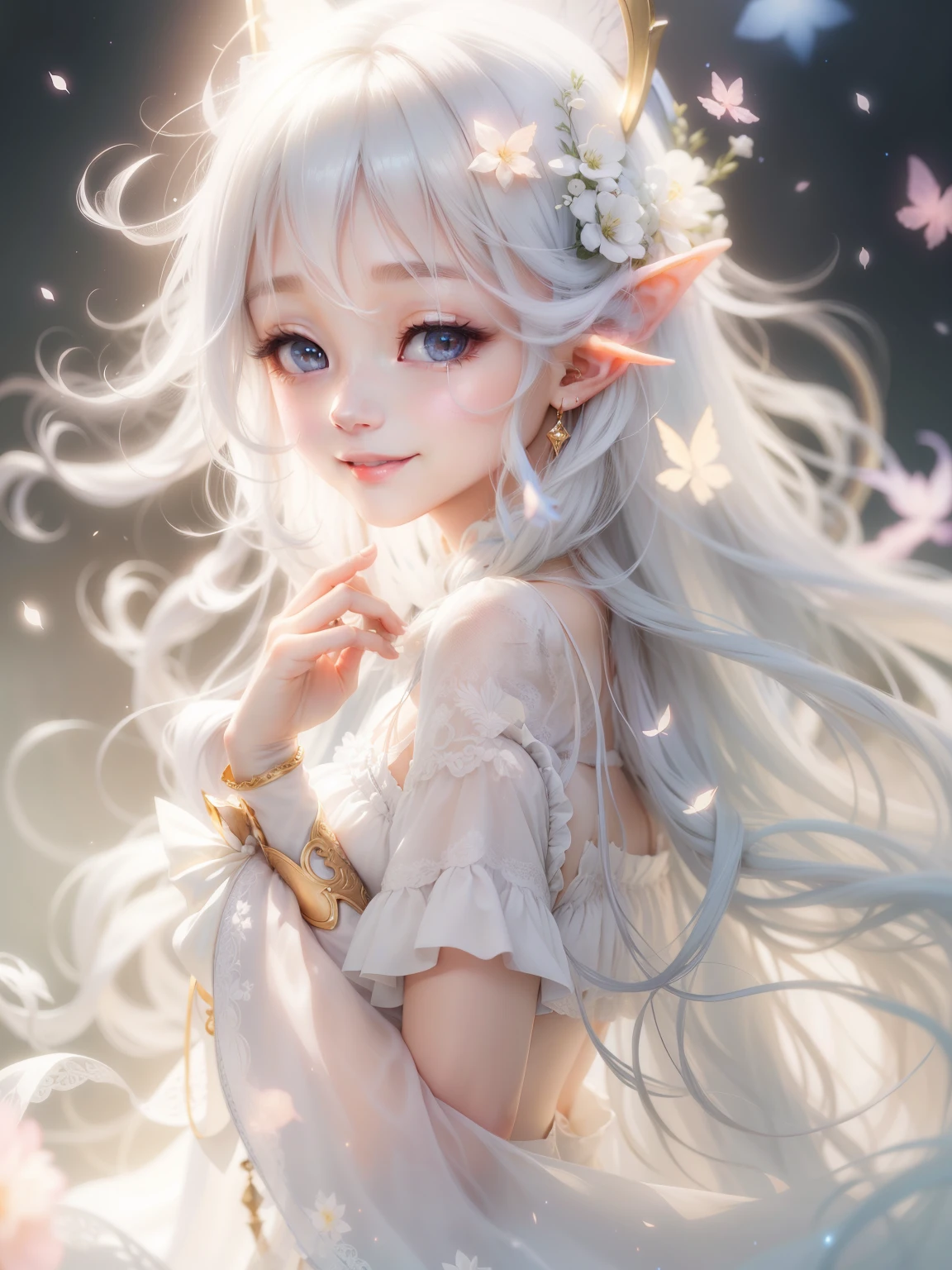 Beautiful Faerie、Long white hair、smile、Shining Light、Beautiful light