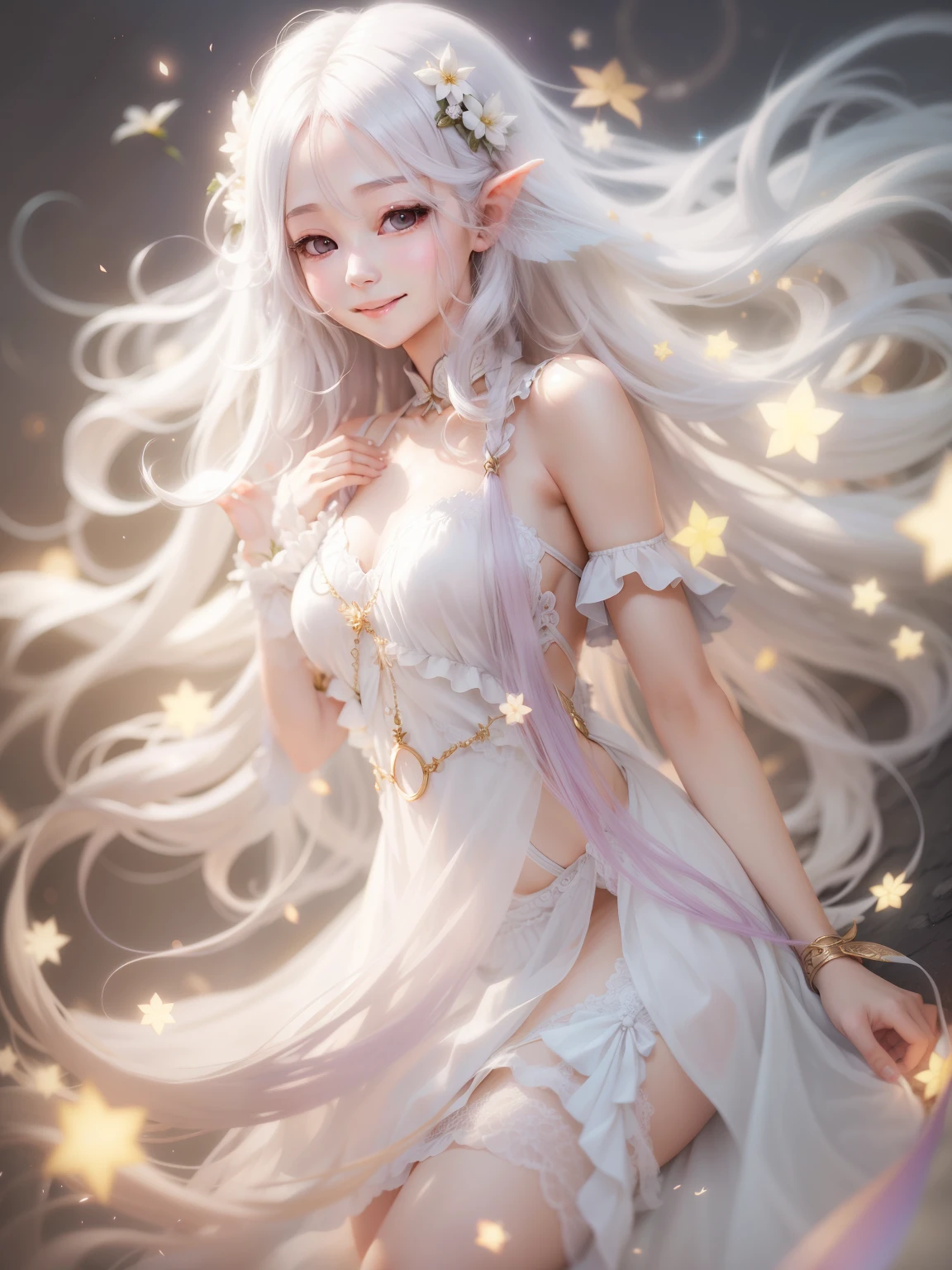 Beautiful Faerie、Long white hair、smile、Shining Light、Beautiful light