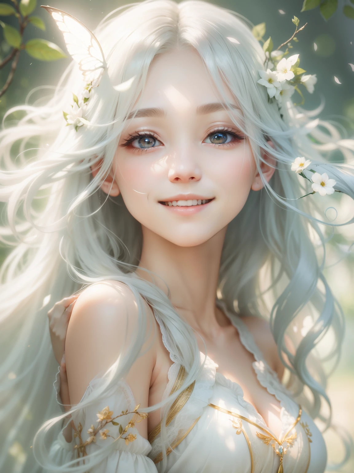 Beautiful Faerie、Long white hair、smile、Shining Light、Beautiful light