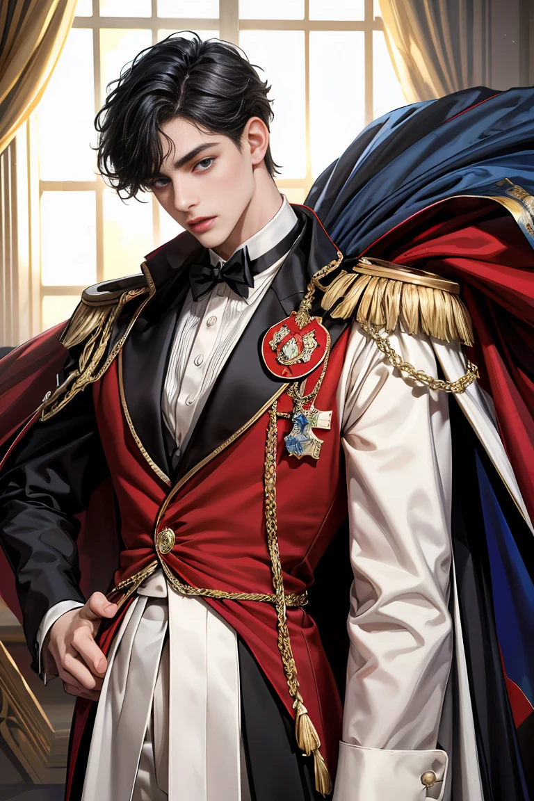 masterpiece, 最high quality, high quality, 1 boy, alone, Male focus, Watching the audience, Messy black hair, Adorable big blue eyes, White, Noble, Noble, Tuxedo、A very voluminous, large, very large, very large, long, long red and black cape made with a lot of fabric that reaches down to the floor, with a stand-up collar that is higher than the face., ,Cute beautiful boys,Cute, cute, kind, handsome guy