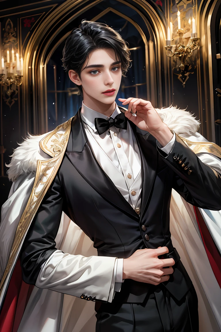 masterpiece, 最high quality, high quality, 1 boy, alone, Male focus, Watching the audience, Messy black hair, Adorable big blue eyes, White people, Noble, Noble,Sexy voluminous black and red cape、Tuxedo、A very voluminous, large, very large, very large, long, long red and black cape with a high stand-up collar, reaching down to the floor, made of a lot of fabric., 17 years old,Cute beautiful boys,Cute, cute, kind, handsome guy