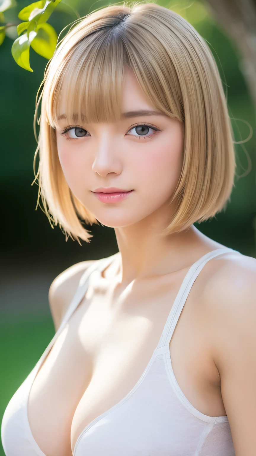 Beautiful and fair、Radiant Skin, 3 Up, Gorgeous, bright, Refreshing and gentle expression, Perfect beautiful face、Beautiful shiny bangs, A very beautiful 17 year old girl, Eyeliner, Very perfect eyes,Very large breasts,Grooves reveal original skin,Muscular body,Light Khaki Yoga Wear,Upper Body,Blonde short hair