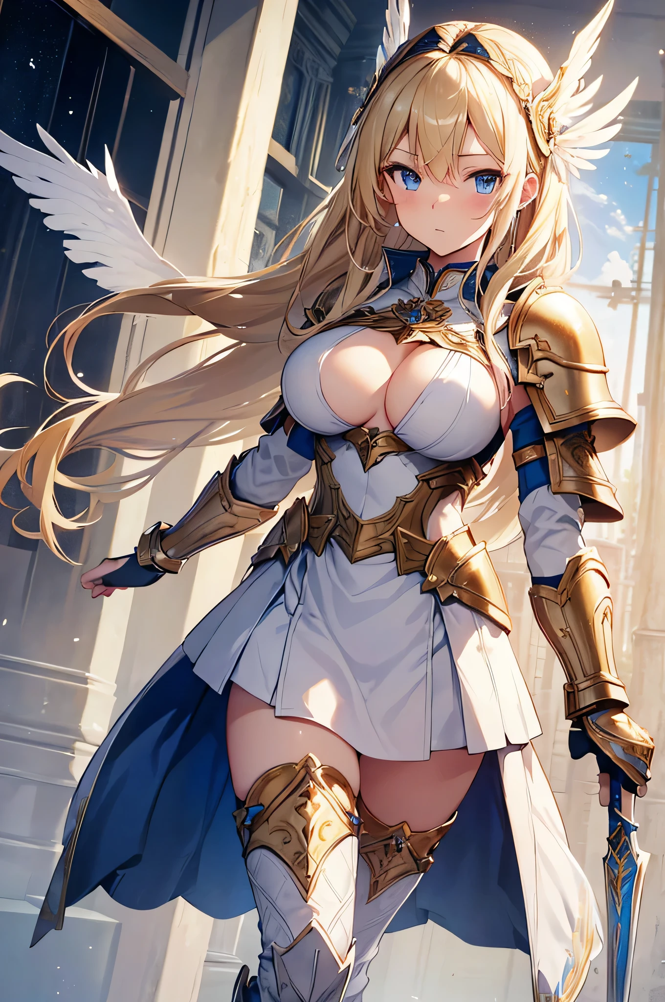 4k,High resolution,One Woman,Blonde,long hair,Braid,Blue Eyes,Big Breasts,Valkyrie,White sacred armor,Full Armor,Heavy Armor,Sideboob,white glove,White shoes,Fishnet tights,Winged headgear,Gold decoration,Jewelry decoration,Great Holy Sword,Temple in the Sky