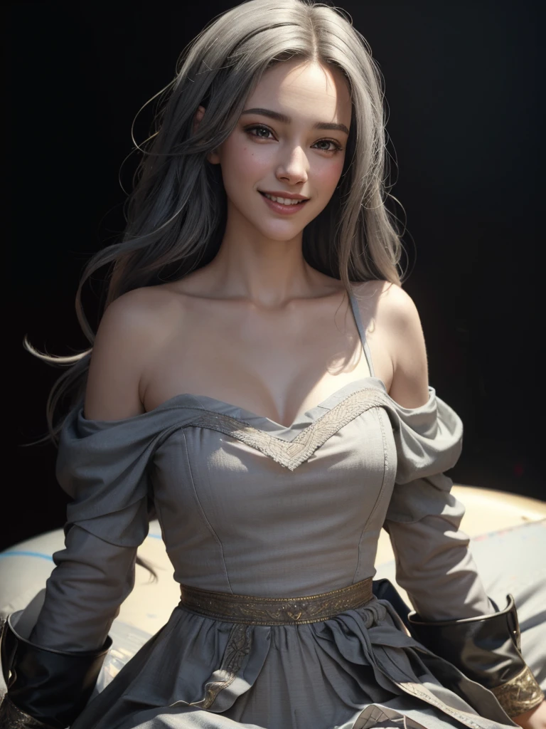photorealistic, detailed shot of a beautiful, smiling woman looking directly at the camera, full body, dramatic, high detail, sharp focus, full dynamic color, complex, masterpiece painting style, (extremely detailed, cinematic, octane render, 8k wallpaper:1.2), (style-silver magic:0.88), (very cute:1.08), (viewer discretion advised:0.5)