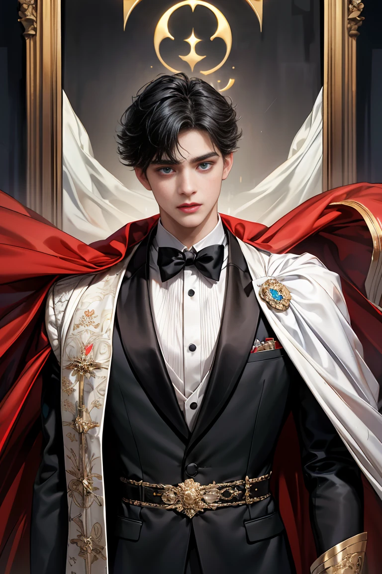 masterpiece, 最high quality, high quality, 1 boy, alone, Male focus, Watching the audience, Messy black hair, Adorable big blue eyes, White, Noble, Noble, Tuxedo、A very voluminous, large, very large, very large, long, long red and black cape made with a lot of fabric that reaches down to the floor, with a stand-up collar that is higher than the face., 17 years old,Cute beautiful boys,Cute, cute, kind, handsome guy