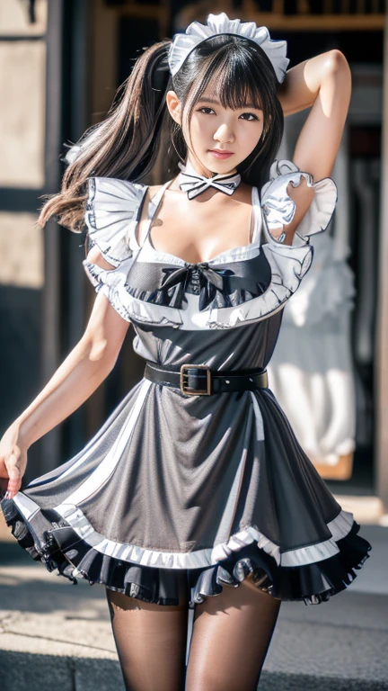 highest quality、8K、16k、masterpiece、realistic、Super detailed、Beautiful in every detail、ray tracing)、break, 20 year old female、beautiful asian girl、silver hair、break、
((Japanese maid:1.5)),(with ruffles_maid_dress:1.5),(Street Belts),(black pantyhose),(thighs:1.2)、break、At Concafe、nsfw