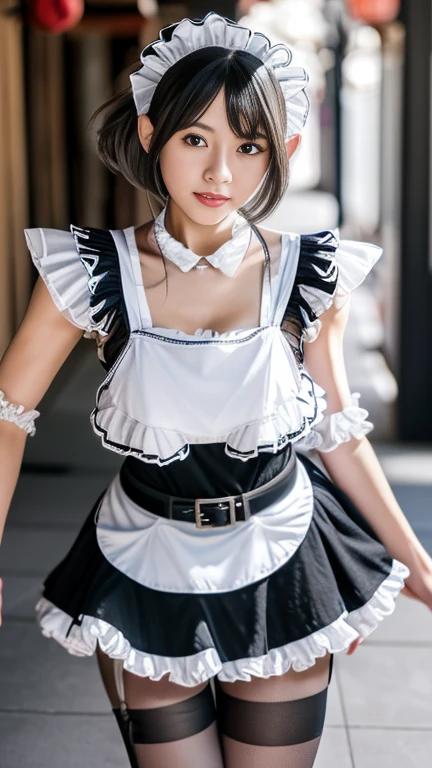 
highest quality、8K、16k、masterpiece、realistic、Super detailed、Beautiful in every detail、ray tracing)、break, 20 year old female、beautiful asian girl、silver hair、break、
((Japanese maid:1.5)),(with ruffles_maid_dress:1.5),(Street Belts),(black pantyhose),(thighs:1.2)、break、At Concafe、nsfw