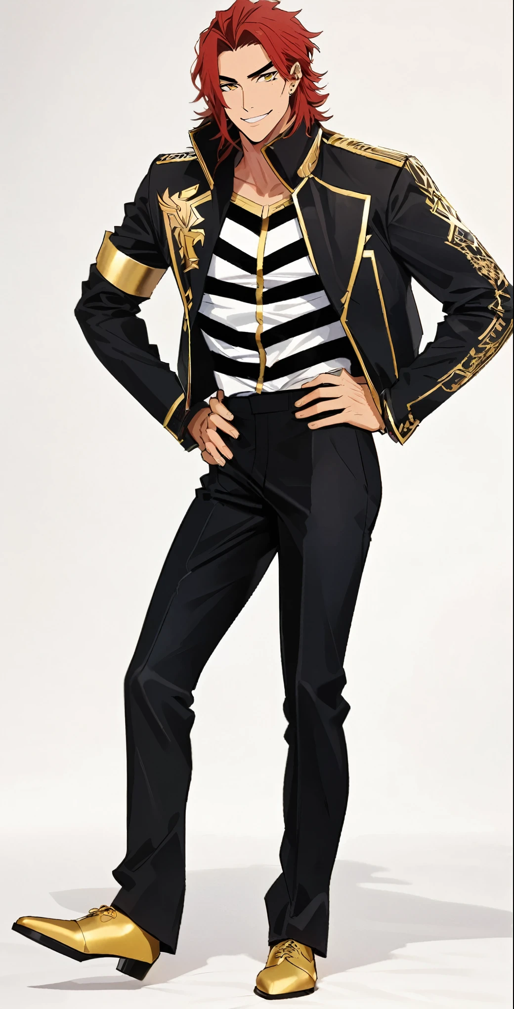 rosto masculino, 1 homem, rosto dos homens, homem adulto, Bonito, a man with red hair in a black suit with a gold band on his right arm, white shirt with black horizontal stripes, black pants,white gloves on hands gold moccasin shoes jaqueta, mais detalhes, Antecedentes ciberpunk, Os 70 mm, hyper-detailed, friendly smile, Michael Jackson face, yellow eyes,hyper-detailed drawing, male model pose, hands on waist,