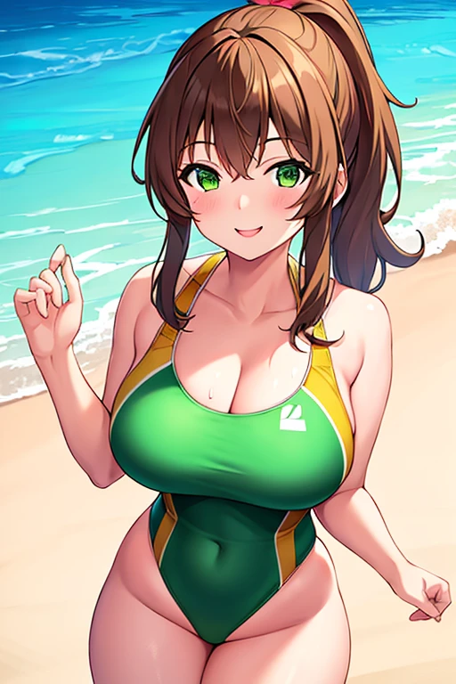 1girl, brown hair, ponytail, large breasts, thick thighs, green eyes, smile, cowboy shot, one-piece swimsuit, smile, green swimsuit, competition swimsuit, beach, standing, highleg