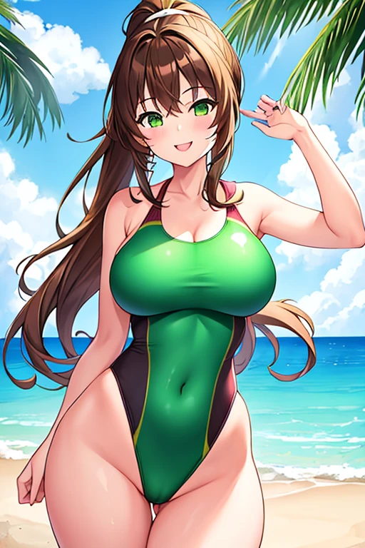 1girl, brown hair, ponytail, large breasts, thick thighs, green eyes, smile, cowboy shot, one-piece swimsuit, smile, green swimsuit, competition swimsuit, beach, standing, highleg
