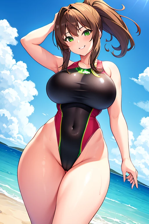 1girl, brown hair, ponytail, large breasts, thick thighs, green eyes, smile, cowboy shot, one-piece swimsuit, smile, green swimsuit, competition swimsuit, beach, standing, highleg