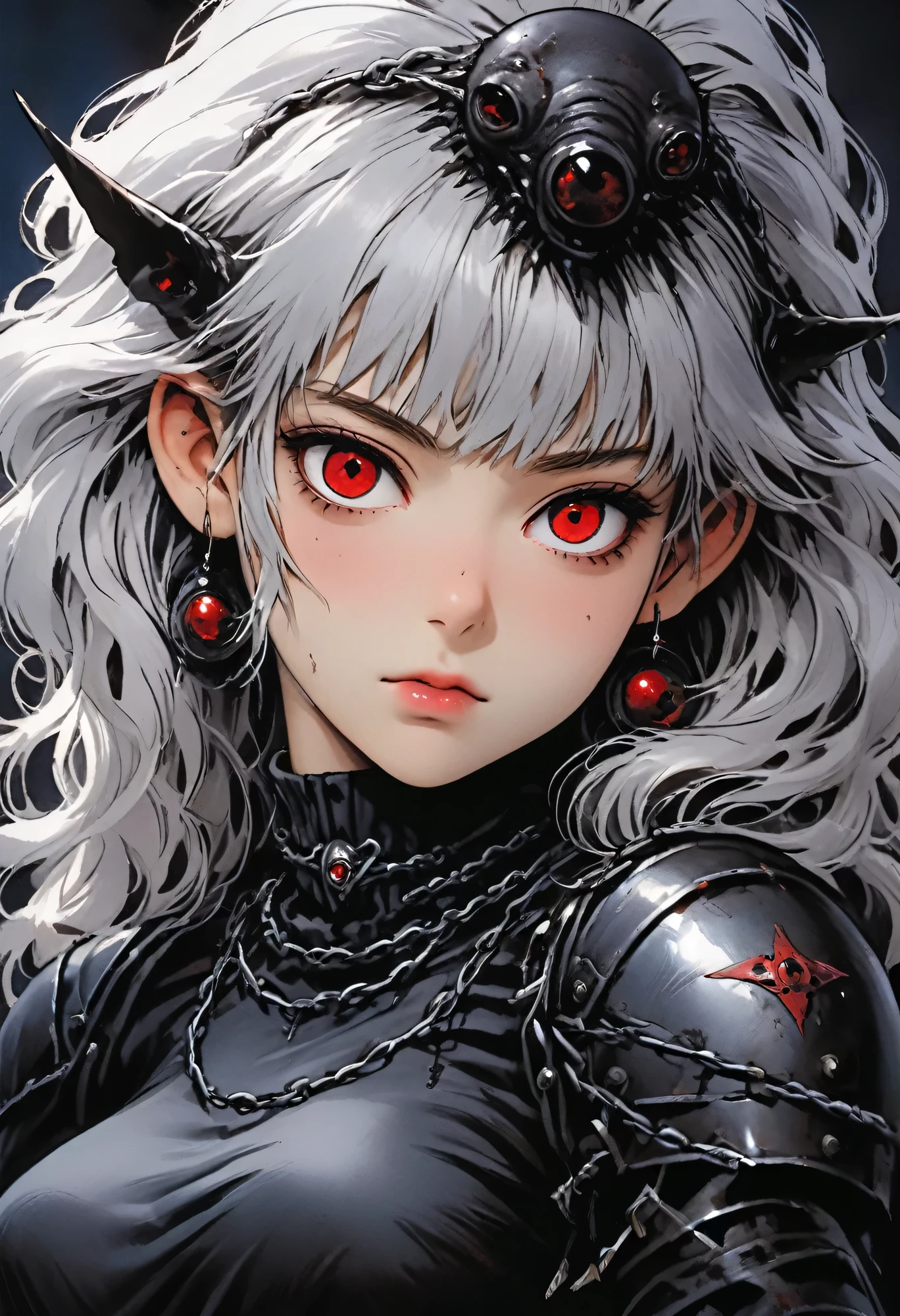 1 girl, white hair, piercing red eyes, slight smirk, full lips, black nails, barbed wire everywhere (black barbed wire coils), (best quality,4k,8k,highres,masterpiece:1.2),ultra-detailed,(realistic,photorealistic,photo-realistic:1.37),dark fantasy, horror, gothic,dramatic chiaroscuro lighting,moody and atmospheric