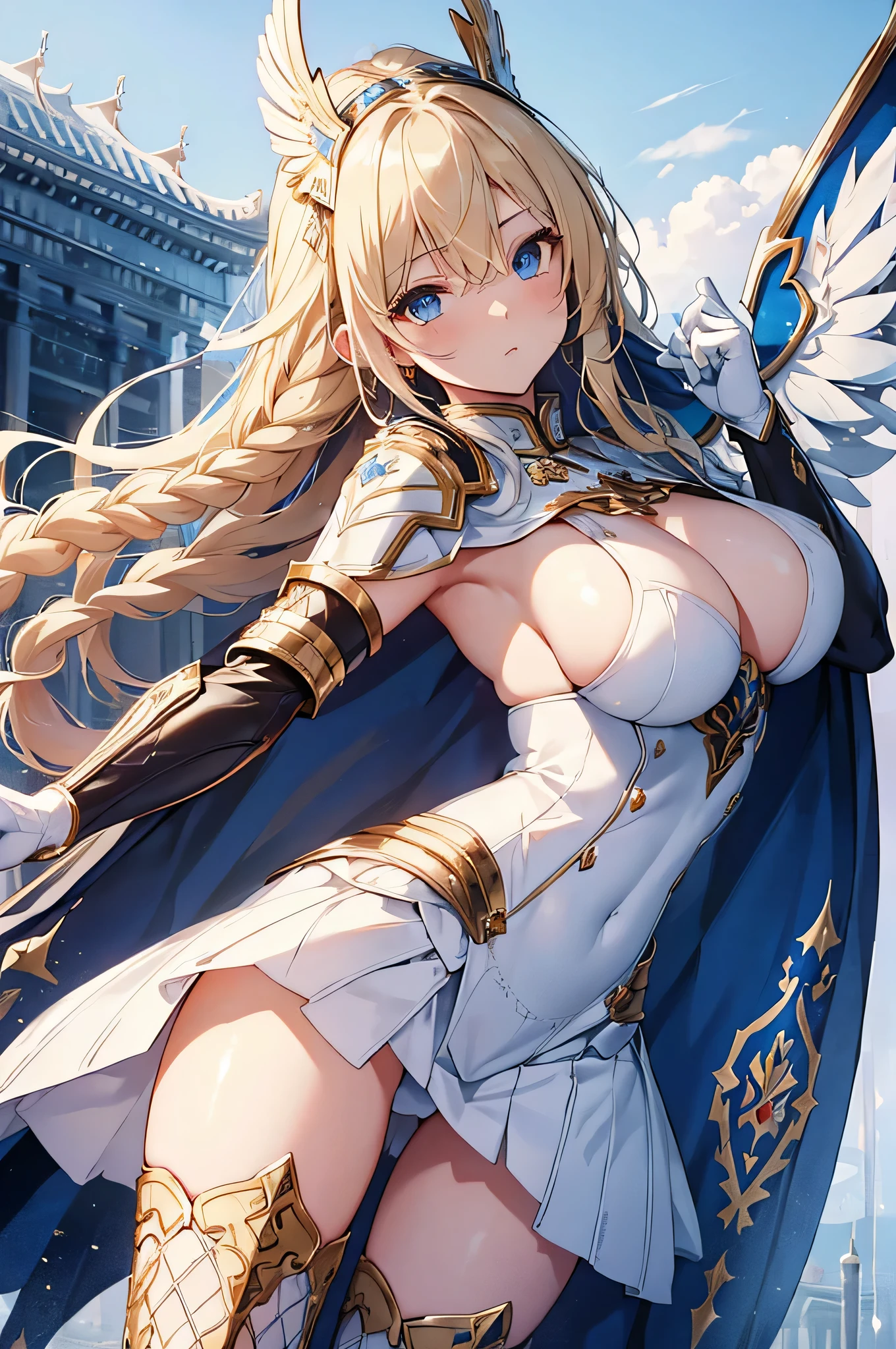 4k,High resolution,One Woman,Blonde,long hair,Braid,Blue Eyes,Big Breasts,Valkyrie,White sacred armor,Full Armor,Heavy Armor,Sideboob,Large areola,white glove,White shoes,Fishnet tights,Winged headgear,Gold decoration,Jewelry decoration,Great Holy Sword,Temple in the Sky