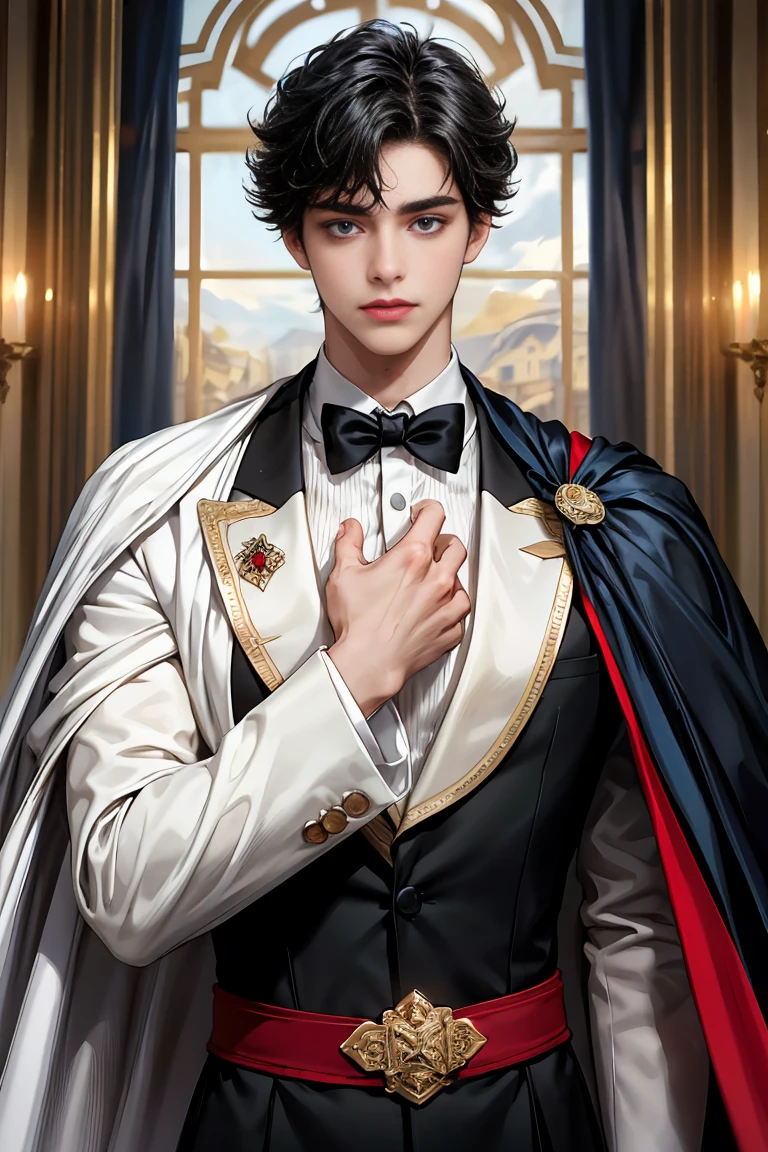 
masterpiece, 最high quality, high quality, 1 boy, alone, Male focus, Watching the audience,  Messy black hair, Adorable big blue eyes, White, Noble, Noble, Tuxedo、A very voluminous, large, very large, very large, long, long red and black cape made with a lot of fabric that reaches down to the floor, with a stand-up collar that is higher than the face., 17 years old,Cute beautiful boys,Cute, cute, kind, handsome guy