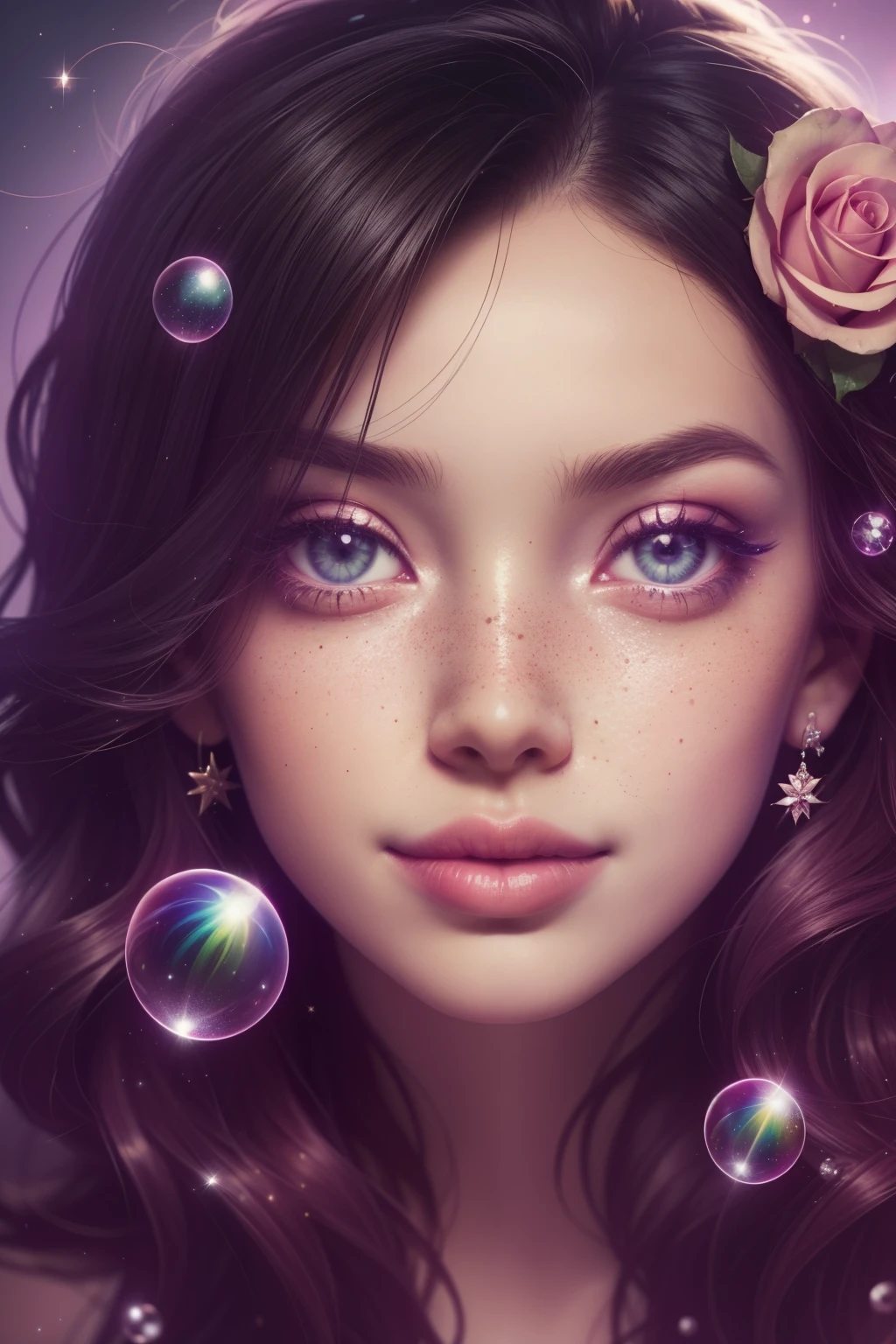 (This is a beautiful rainbow fantasy image that feels interesting and emphasizes glitter and iridescence.) Generate a ((blind)) curvy woman with colorful curly hair and milky eyes. Her face is important and is perfectly formed with puffy lips and perfect features. (Her eyes are critically important). The image exudes ethereal beauty and soft fantasy. Include sweet and detailed birds and soft, luminous flowers in all the colors of the rainbow. The image's background is decorated in shades of pink, shimmer, glitter, and fantasy details like colored bubbles and cosmos. Utilize dynamic composition to create a compelling and action-packed image. Dramatic lighting and cinematic lighting enhance the woman's beauty and the soft colors in the artwork. (((((Perspective: head on.))))) Include fantasy, cute, colorful, colourful, interesting magic background, (smirking), ((birthmark on lip)), ((pretty lips)), beautiful background, complex background, sweet background, (((rainbow))), subtle freckles, natural freckles, Surround her with eternal roses in shimmering shades. Add whimsical details like stars, bubbles, and glitter for an enchanting touch. Ensure perfection in her face, hair, and eyes. Incorporate elements of high fantasy, whimsy, and detailed elegance. English rose, princess, courtesan, noblewoman, sweet, lovely, calm, lovely, shimmering, glimmering, glittering, astrological fantasy, (((masterpiece))), (highest quality), magic rose, fantasy garden, beautiful face, perfect face, puffy lips, interesting, shy smile, fantasy elements, magic rose, beautiful eyes, perfect puffy lips, jewel tones, luminosity