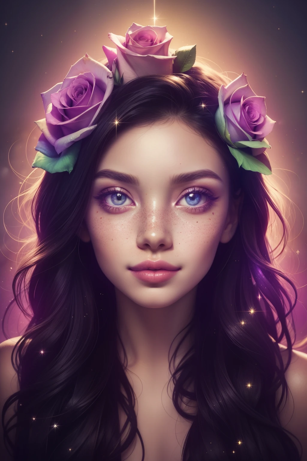 (This is a beautiful rainbow fantasy image that feels interesting and emphasizes glitter and iridescence.) Generate a ((blind)) curvy woman with colorful curly hair and milky eyes. Her face is important and is perfectly formed with puffy lips and perfect features. (Her eyes are critically important). The image exudes ethereal beauty and soft fantasy. Include sweet and detailed birds and soft, luminous flowers in all the colors of the rainbow. The image's background is decorated in shades of pink, shimmer, glitter, and fantasy details like colored bubbles and cosmos. Utilize dynamic composition to create a compelling and action-packed image. Dramatic lighting and cinematic lighting enhance the woman's beauty and the soft colors in the artwork. (((((Perspective: head on.))))) Include fantasy, cute, colorful, colourful, interesting magic background, (smirking), ((birthmark on lip)), ((pretty lips)), beautiful background, complex background, sweet background, (((rainbow))), subtle freckles, natural freckles, Surround her with eternal roses in shimmering shades. Add whimsical details like stars, bubbles, and glitter for an enchanting touch. Ensure perfection in her face, hair, and eyes. Incorporate elements of high fantasy, whimsy, and detailed elegance. English rose, princess, courtesan, noblewoman, sweet, lovely, calm, lovely, shimmering, glimmering, glittering, astrological fantasy, (((masterpiece))), (highest quality), magic rose, fantasy garden, beautiful face, perfect face, puffy lips, interesting, shy smile, fantasy elements, magic rose, beautiful eyes, perfect puffy lips, jewel tones, luminosity