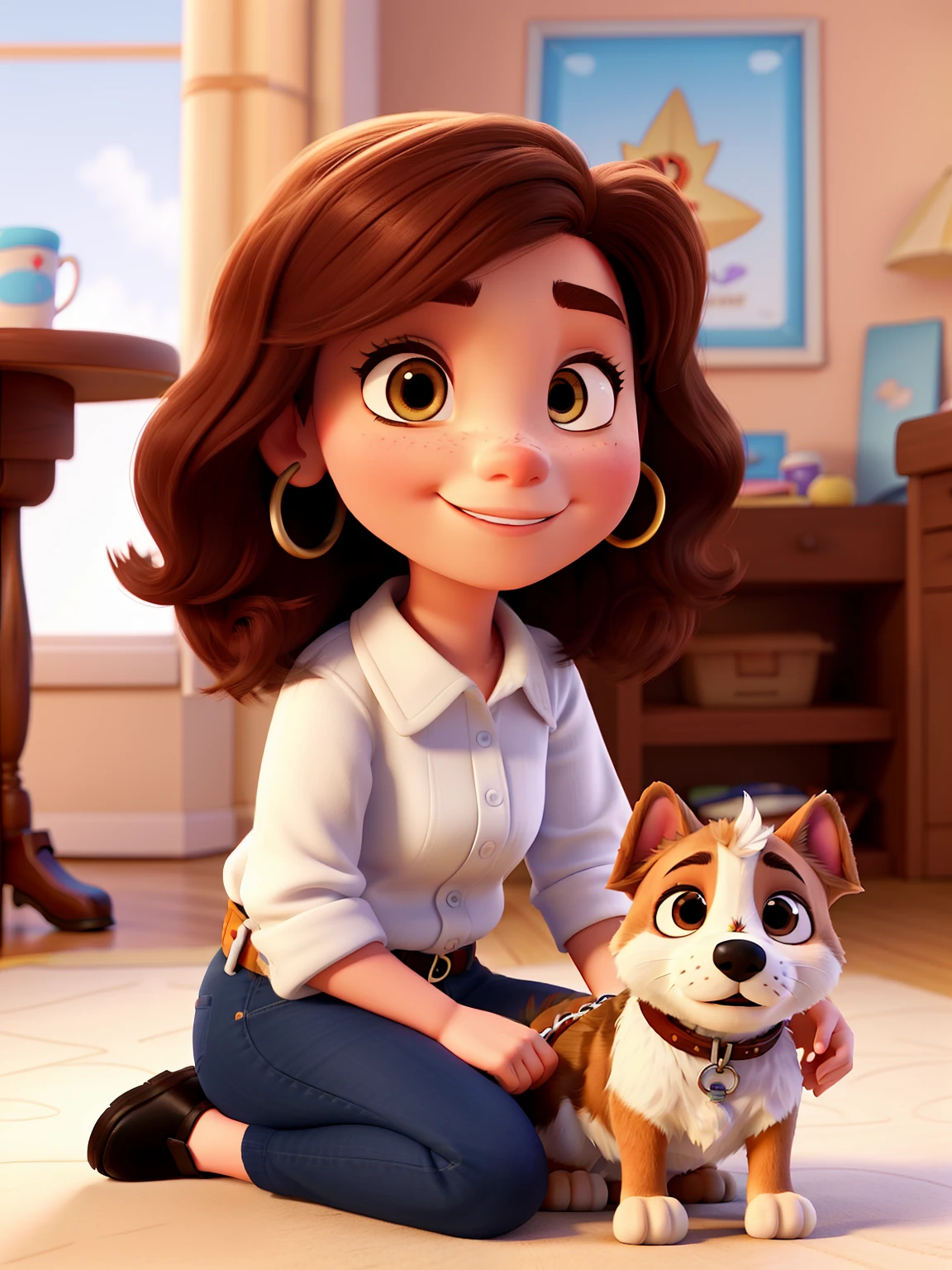 Create a Pixar Disney image of a 23-year-old white woman, by the chestnut, Brown eyes and with a two-year-old baby on her lap and at her side a medium-sized white dog with black spots and brown eyebrows with a collar