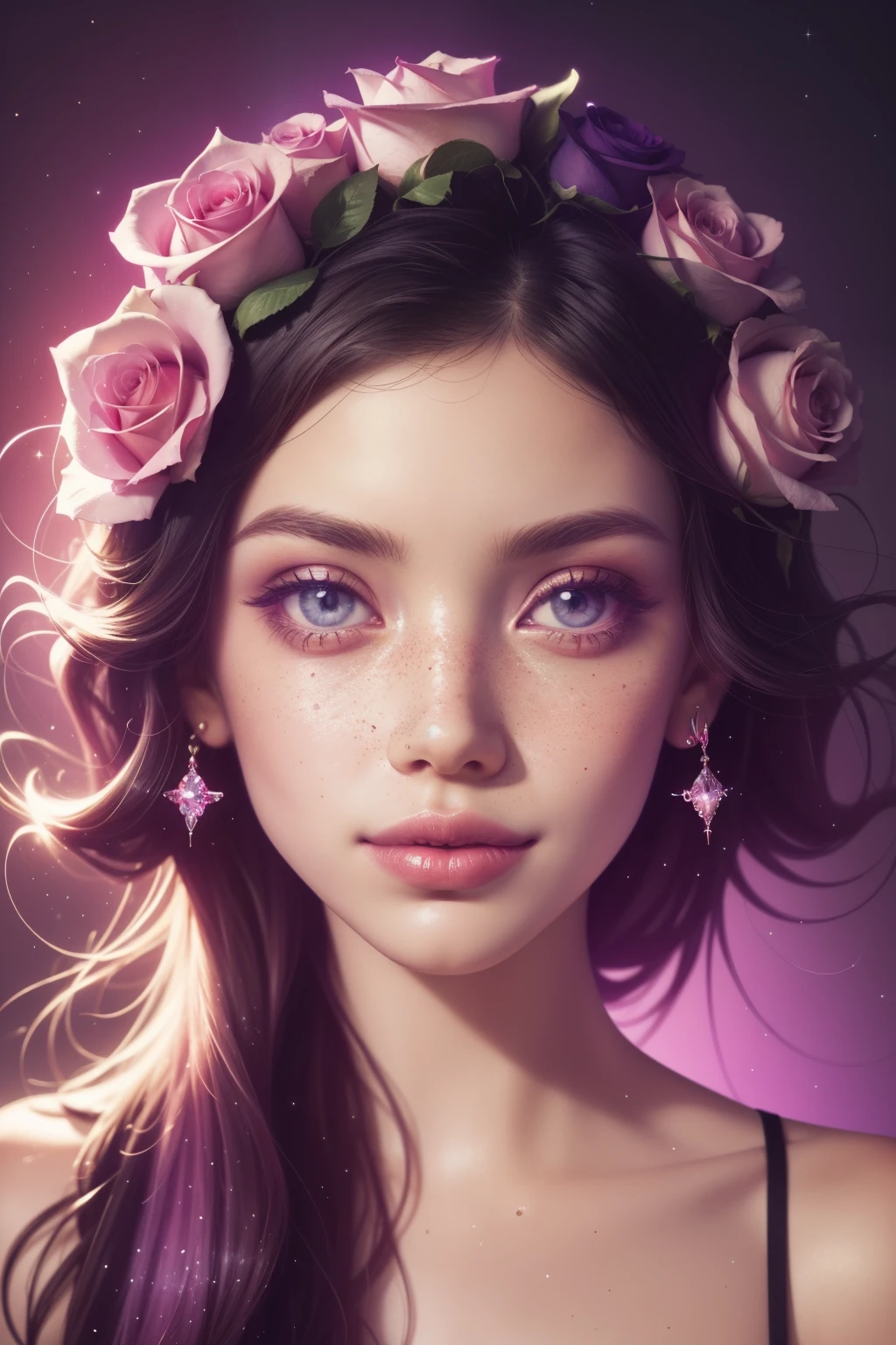 (This is a beautiful rainbow fantasy image that feels interesting and emphasizes glitter and iridescence.) Generate a ((blind)) curvy woman with colorful curly hair and milky eyes. Her face is important and is perfectly formed with puffy lips and perfect features. (Her eyes are critically important). The image exudes ethereal beauty and soft fantasy. Include sweet and detailed birds and soft, luminous flowers in all the colors of the rainbow. The image's background is decorated in shades of pink, shimmer, glitter, and fantasy details like colored bubbles and cosmos. Utilize dynamic composition to create a compelling and action-packed image. Dramatic lighting and cinematic lighting enhance the woman's beauty and the soft colors in the artwork. (((((Perspective: head on.))))) Include fantasy, cute, colorful, colourful, interesting magic background, (smirking), ((birthmark on lip)), ((pretty lips)), beautiful background, complex background, sweet background, (((rainbow))), subtle freckles, natural freckles, Surround her with eternal roses in shimmering shades. Add whimsical details like stars, bubbles, and glitter for an enchanting touch. Ensure perfection in her face, hair, and eyes. Incorporate elements of high fantasy, whimsy, and detailed elegance. English rose, princess, courtesan, noblewoman, sweet, lovely, calm, lovely, shimmering, glimmering, glittering, astrological fantasy, (((masterpiece))), (highest quality), magic rose, fantasy garden, beautiful face, perfect face, puffy lips, interesting, shy smile, fantasy elements, magic rose, beautiful eyes, perfect puffy lips, jewel tones, luminosity