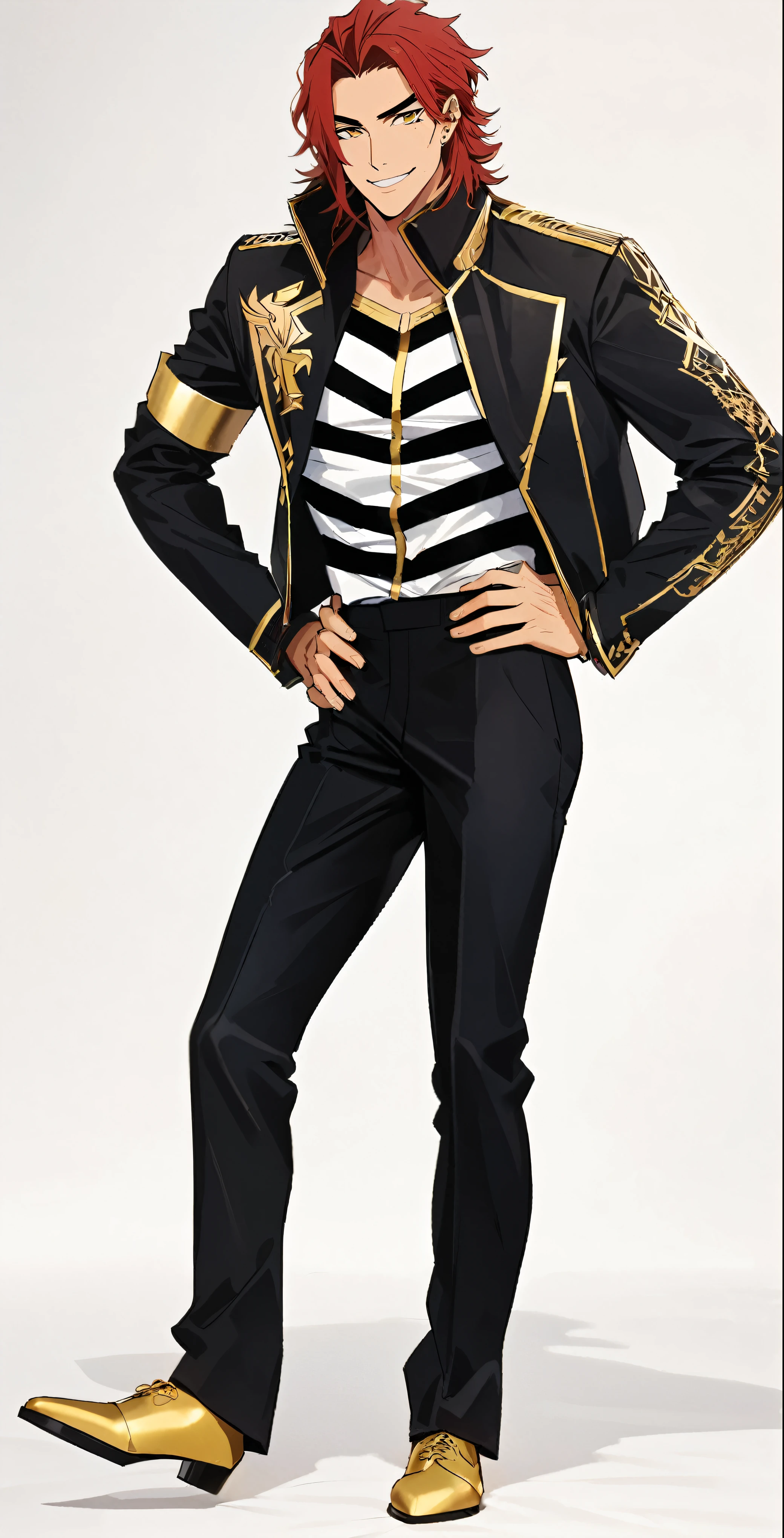 rosto masculino, 1 homem, rosto dos homens, homem adulto, Bonito, a man with red hair in a black suit with a gold band on his right arm, white shirt with black horizontal stripes, black pants,white gloves on hands gold moccasin shoes jaqueta, mais detalhes, Antecedentes ciberpunk, Os 70 mm, hyper-detailed, friendly smile, Michael Jackson face, yellow eyes,hyper-detailed drawing, male model pose, hands on waist,
