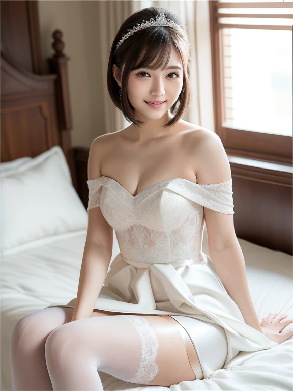 (((High resolution))、8K、(In detail))、(Highest quality)、Beautiful girls、A beautiful girl with white wings growing on her back:1.5 、笑顔のCute beautiful girl、Very attractive beautiful girl、(White Bikini)、On a bed with white sheets,(((Your smile is cute,)))、((-yeld gi2.0))、Super cute lolita idol、(((Beautiful girl in a revealing white off-the-shoulder dress, Transparent muscle)))、(Slender body and beautiful breasts)、((Well-formed and elegant face:1.5))、(((I can see my belly button)))、(Big Breasts: 1.5)、tits、Little dress、Cute beautiful girl、(((A dress with a random and complex shape that exposes a lot of the bust:1.5)))、Very beautiful beautiful girl、A young and innocent beautiful girl、Big Breastsを強調してる:1.5 、The thighs are visible to the base、(Doing the splits:1.5)、sit、(The dress has a deep slit:1.5)、(Arms crossed: 1.5)  、A beautiful girl、The dress has a deep slitのオフショルダー、The cleavage is exposed