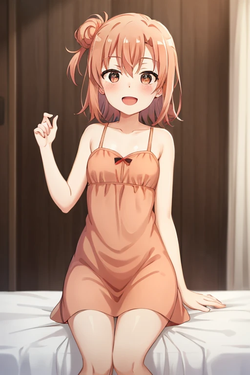 ((highest quality)), ((masterpiece)), (be familiar with), Perfect Face, indoor, Bedroom, Watching the audience,
One woman, Yuigahama Yui,
Open Mouth, Ecstatic expression, blush, smile,
Small breasts, Flat Chest, Young Girl, , , Girl,
Short Hair, Salmon-colored hair, Salmon-colored eyes, Side Pony,
Leg spread,