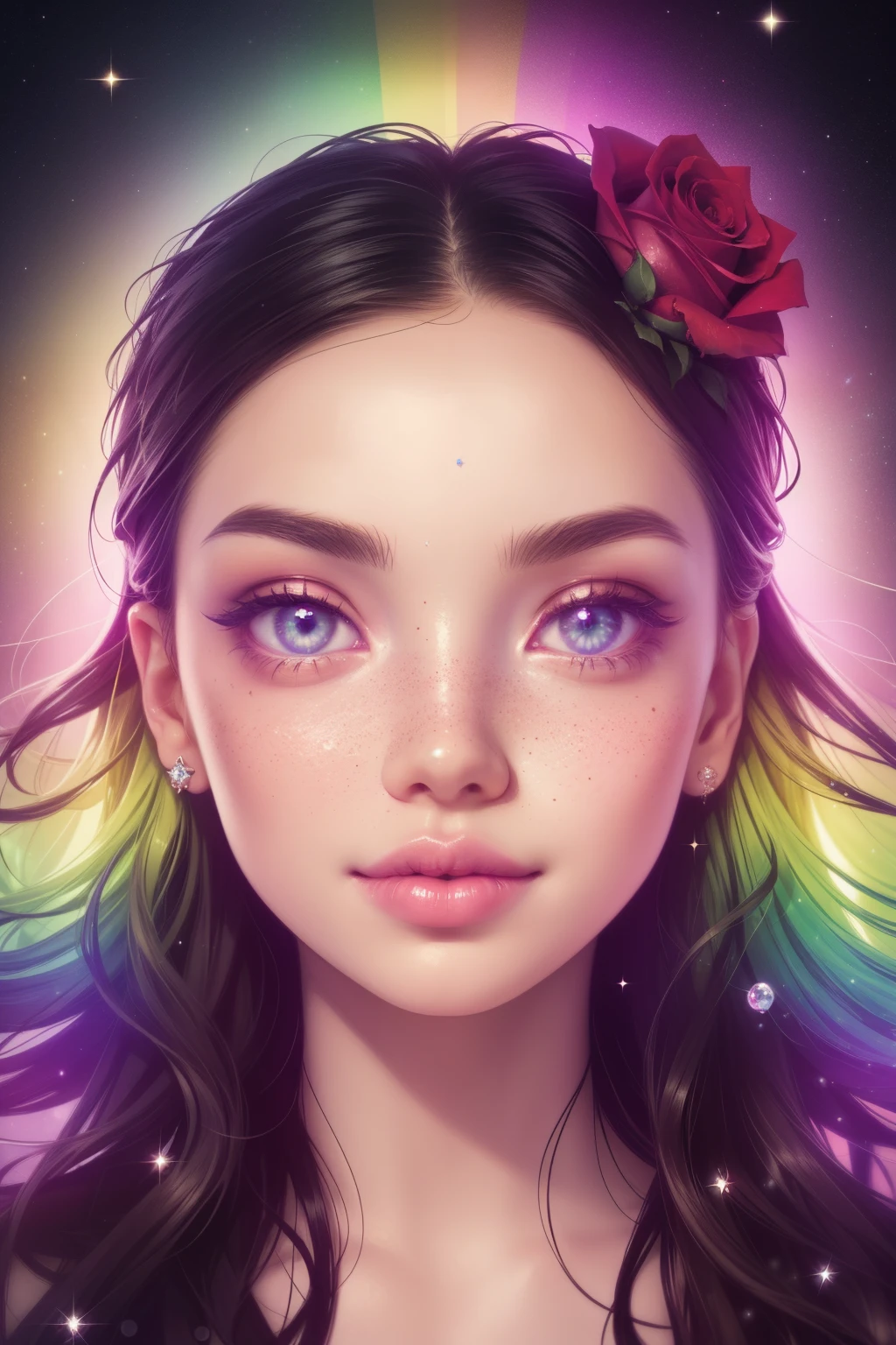 (This is a beautiful rainbow fantasy image that feels interesting and emphasizes glitter and iridescence.) Generate a ((blind)) curvy woman with colorful curly hair and milky eyes. Her face is important and is perfectly formed with puffy lips and perfect features. (Her eyes are critically important). The image exudes ethereal beauty and soft fantasy. Include sweet and detailed birds and soft, luminous flowers in all the colors of the rainbow. The image's background is decorated in shades of pink, shimmer, glitter, and fantasy details like colored bubbles and cosmos. Utilize dynamic composition to create a compelling and action-packed image. Dramatic lighting and cinematic lighting enhance the woman's beauty and the soft colors in the artwork. (((((Perspective: head on.))))) Include fantasy, cute, colorful, colourful, interesting magic background, (smirking), ((birthmark on lip)), ((pretty lips)), beautiful background, complex background, sweet background, (((rainbow))), subtle freckles, natural freckles, Surround her with eternal roses in shimmering shades. Add whimsical details like stars, bubbles, and glitter for an enchanting touch. Ensure perfection in her face, hair, and eyes. Incorporate elements of high fantasy, whimsy, and detailed elegance. English rose, princess, courtesan, noblewoman, sweet, lovely, calm, lovely, shimmering, glimmering, glittering, astrological fantasy, (((masterpiece))), (highest quality), magic rose, fantasy garden, beautiful face, perfect face, puffy lips, interesting, shy smile, fantasy elements, magic rose, beautiful eyes, perfect puffy lips, jewel tones, luminosity