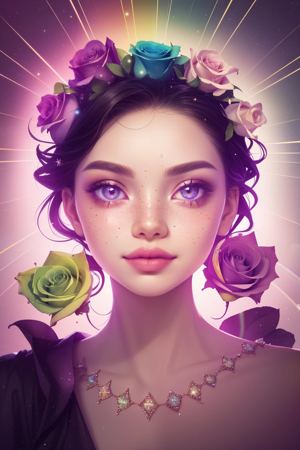 (This is a beautiful rainbow fantasy image that feels interesting and emphasizes glitter and iridescence.) Generate a ((blind)) curvy woman with colorful curly hair and milky eyes. Her face is important and is perfectly formed with puffy lips and perfect features. (Her eyes are critically important). The image exudes ethereal beauty and soft fantasy. Include sweet and detailed birds and soft, luminous flowers in all the colors of the rainbow. The image's background is decorated in shades of pink, shimmer, glitter, and fantasy details like colored bubbles and cosmos. Utilize dynamic composition to create a compelling and action-packed image. Dramatic lighting and cinematic lighting enhance the woman's beauty and the soft colors in the artwork. (((((Perspective: head on.))))) Include fantasy, cute, colorful, colourful, interesting magic background, (smirking), ((birthmark on lip)), ((pretty lips)), beautiful background, complex background, sweet background, (((rainbow))), subtle freckles, natural freckles, Surround her with eternal roses in shimmering shades. Add whimsical details like stars, bubbles, and glitter for an enchanting touch. Ensure perfection in her face, hair, and eyes. Incorporate elements of high fantasy, whimsy, and detailed elegance. English rose, princess, courtesan, noblewoman, sweet, lovely, calm, lovely, shimmering, glimmering, glittering, astrological fantasy, (((masterpiece))), (highest quality), magic rose, fantasy garden, beautiful face, perfect face, puffy lips, interesting, shy smile, fantasy elements, magic rose, beautiful eyes, perfect puffy lips, jewel tones, luminosity