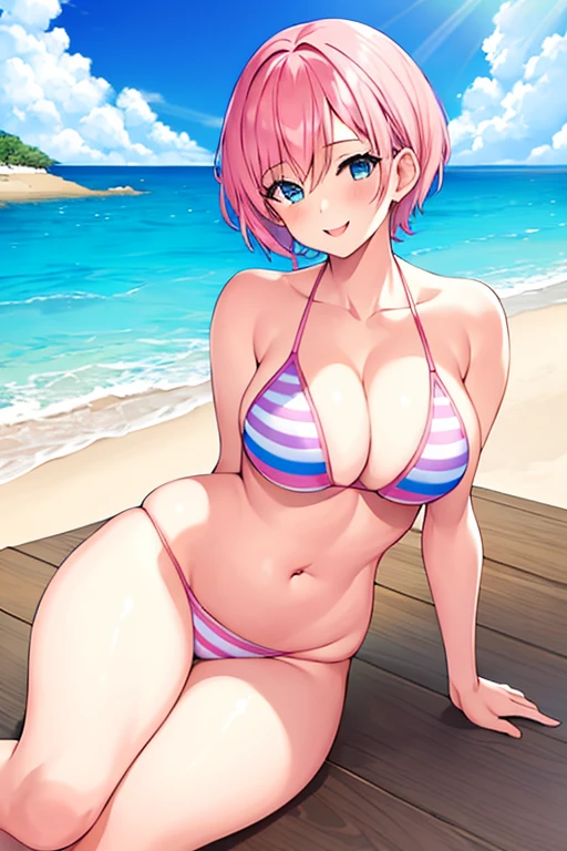 1girl, pink hair, very short hair, pixie cut, blue eyes, beach, white bikini, highleg, highleg bikini, large breasts, thick thighs, blue stripes, stripped bikini, horizontal stripes, smile