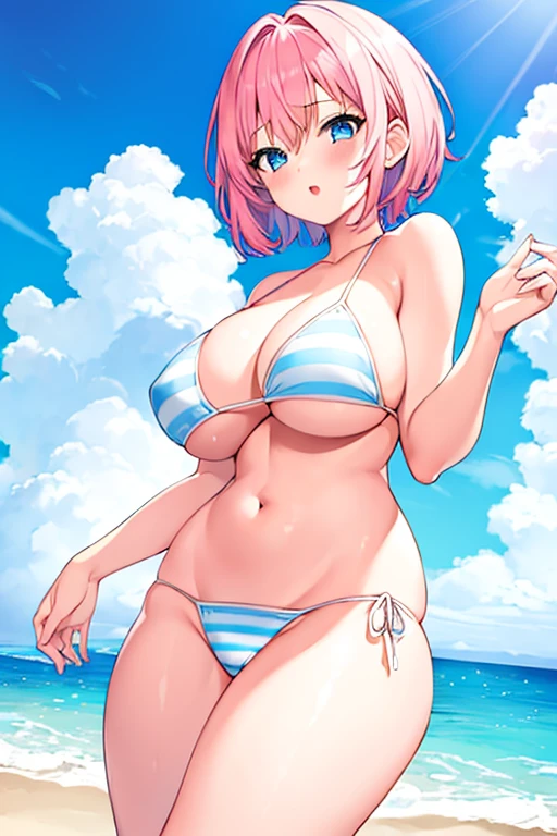 1girl, pink hair, very short hair, pixie cut, blue eyes, beach, white bikini, highleg, highleg bikini, large breasts, thick thighs, blue stripes, stripped bikini, horizontal stripes