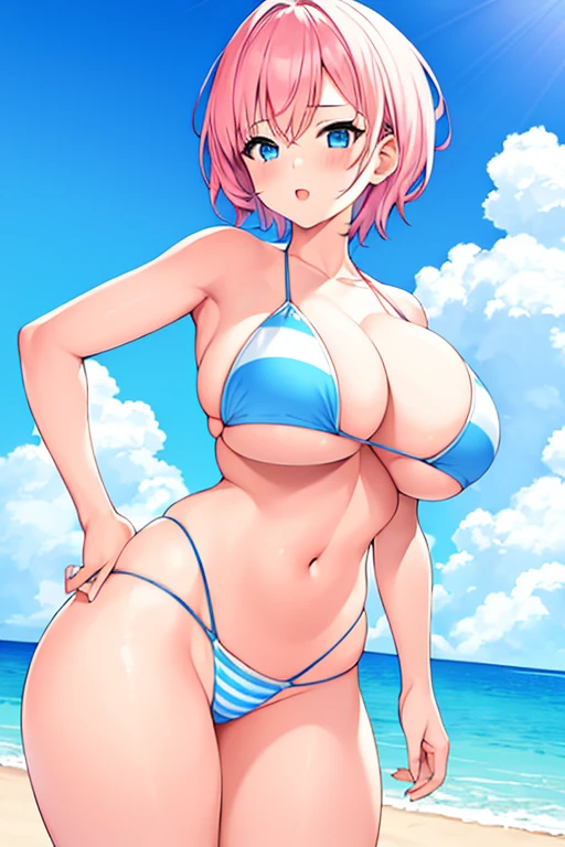 1girl, pink hair, very short hair, pixie cut, blue eyes, beach, white bikini, highleg, highleg bikini, large breasts, thick thighs, blue stripes, stripped bikini, horizontal stripes