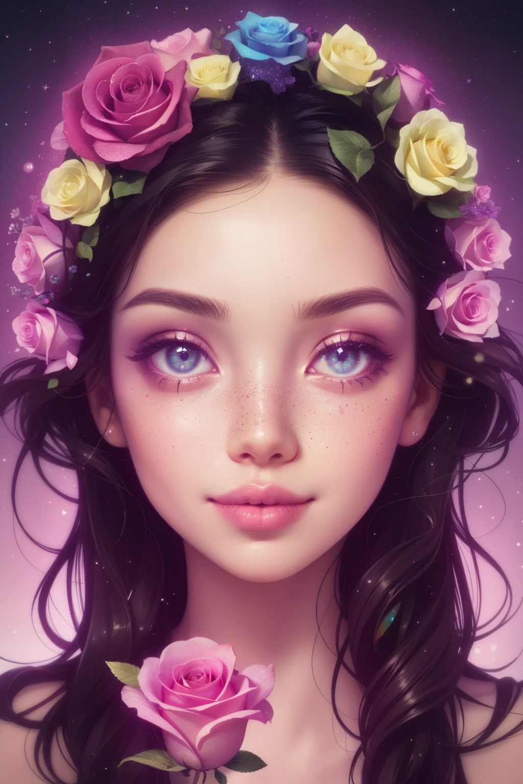 (This is a beautiful rainbow fantasy image that feels interesting and emphasizes glitter and iridescence.) Generate a ((blind)) curvy woman with colorful curly hair and milky eyes. Her face is important and is perfectly formed with puffy lips and perfect features. (Her eyes are critically important). The image exudes ethereal beauty and soft fantasy. Include sweet and detailed birds and soft, luminous flowers in all the colors of the rainbow. The image's background is decorated in shades of pink, shimmer, glitter, and fantasy details like colored bubbles and cosmos. Utilize dynamic composition to create a compelling and action-packed image. Dramatic lighting and cinematic lighting enhance the woman's beauty and the soft colors in the artwork. (((((Perspective: head on.))))) Include fantasy, cute, colorful, colourful, interesting magic background, (smirking), ((birthmark on lip)), ((pretty lips)), beautiful background, complex background, sweet background, (((rainbow))), subtle freckles, natural freckles, Surround her with eternal roses in shimmering shades. Add whimsical details like stars, bubbles, and glitter for an enchanting touch. Ensure perfection in her face, hair, and eyes. Incorporate elements of high fantasy, whimsy, and detailed elegance. English rose, princess, courtesan, noblewoman, sweet, lovely, calm, lovely, shimmering, glimmering, glittering, astrological fantasy, (((masterpiece))), (highest quality), magic rose, fantasy garden, beautiful face, perfect face, puffy lips, interesting, shy smile, fantasy elements, magic rose, beautiful eyes, perfect puffy lips, jewel tones, luminosity