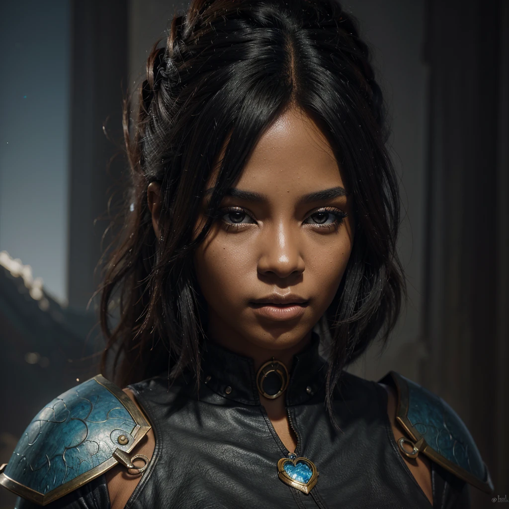 A young 25 year old African American woman, darck skin con cabello largo y ojos azules con un tocado, Detailed Matte Fantasy Portrait, fantasy concept art portrait, beautiful fantasy art portrait, Fantasy Art Portrait, fantasy portrait art, epic fantasy art portrait, trending digital fantasy art, 4K fantasy art, hyperrealistic fantasy art, realistic fantasy artwork, Un impresionante retrato de una diosa, Hermosa obra de arte digital, Fantasy art style