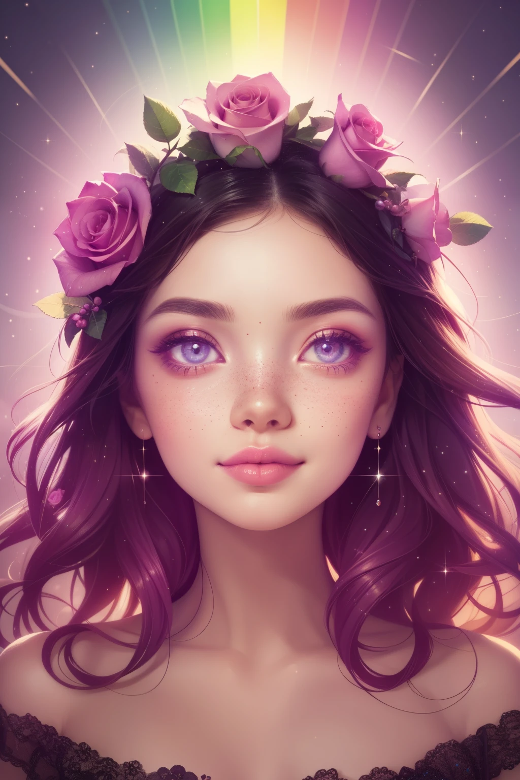 (This is a beautiful rainbow fantasy image that feels interesting and emphasizes glitter and iridescence.) Generate a ((blind)) curvy woman with colorful curly hair and milky eyes. Her face is important and is perfectly formed with puffy lips and perfect features. (Her eyes are critically important). The image exudes ethereal beauty and soft fantasy. Include sweet and detailed birds and soft, luminous flowers in all the colors of the rainbow. The image's background is decorated in shades of pink, shimmer, glitter, and fantasy details like colored bubbles and cosmos. Utilize dynamic composition to create a compelling and action-packed image. Dramatic lighting and cinematic lighting enhance the woman's beauty and the soft colors in the artwork. (((((Perspective: head on.))))) Include fantasy, cute, colorful, colourful, interesting magic background, (smirking), ((birthmark on lip)), ((pretty lips)), beautiful background, complex background, sweet background, (((rainbow))), subtle freckles, natural freckles, Surround her with eternal roses in shimmering shades. Add whimsical details like stars, bubbles, and glitter for an enchanting touch. Ensure perfection in her face, hair, and eyes. Incorporate elements of high fantasy, whimsy, and detailed elegance. English rose, princess, courtesan, noblewoman, sweet, lovely, calm, lovely, shimmering, glimmering, glittering, astrological fantasy, (((masterpiece))), (highest quality), magic rose, fantasy garden, beautiful face, perfect face, puffy lips, interesting, shy smile, fantasy elements, magic rose, beautiful eyes, perfect puffy lips, jewel tones, luminosity