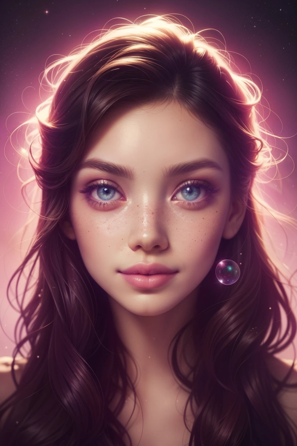 (This is a beautiful rainbow fantasy image that feels interesting and emphasizes glitter and iridescence.) Generate a ((blind)) curvy woman with colorful curly hair and milky eyes. Her face is important and is perfectly formed with puffy lips and perfect features. (Her eyes are critically important). The image exudes ethereal beauty and soft fantasy. Include sweet and detailed birds and soft, luminous flowers in all the colors of the rainbow. The image's background is decorated in shades of pink, shimmer, glitter, and fantasy details like colored bubbles and cosmos. Utilize dynamic composition to create a compelling and action-packed image. Dramatic lighting and cinematic lighting enhance the woman's beauty and the soft colors in the artwork. (((((Perspective: head on.))))) Include fantasy, cute, colorful, colourful, interesting magic background, (smirking), ((birthmark on lip)), ((pretty lips)), beautiful background, complex background, sweet background, (((rainbow))), subtle freckles, natural freckles, Surround her with eternal roses in shimmering shades. Add whimsical details like stars, bubbles, and glitter for an enchanting touch. Ensure perfection in her face, hair, and eyes. Incorporate elements of high fantasy, whimsy, and detailed elegance. English rose, princess, courtesan, noblewoman, sweet, lovely, calm, lovely, shimmering, glimmering, glittering, astrological fantasy, (((masterpiece))), (highest quality), magic rose, fantasy garden, beautiful face, perfect face, puffy lips, interesting, shy smile, fantasy elements, magic rose, beautiful eyes, perfect puffy lips, jewel tones, luminosity