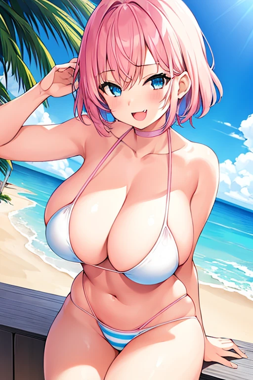 1girl, pink hair, very short hair, pixie cut, blue eyes, beach, white bikini, highleg, highleg bikini, large breasts, wide hips, thick thighs, blue stripes, stripped bikini, horizontal stripes, smile, hourglass figure, mature female, fang, ((fang))