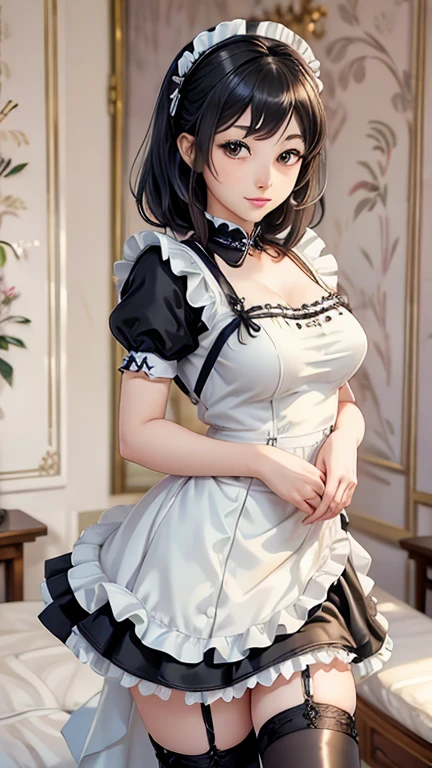 arafed woman in a black and white dress and white socks, a pastel by Tadashige Ono, flickr, shin hanga, maid outfit, maid costume, french maid, thighhighs and skirt, wearing maid uniform, gorgeous maid, maid dress, japanese maid cafe, wearing atsuko kudo latex outfit, anime girl in real life