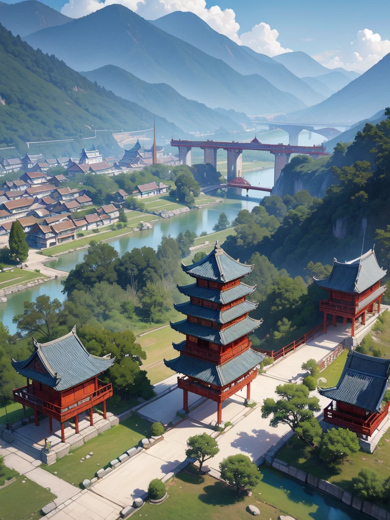 Painting of a Chinese village with a bridge over a river, Ross Tran. Landscape Background, Digital Painting of a Pagoda, Cyberpunk Chinese Ancient Castle, China&#39;s dream city, Highly detailed digital painting, Highly detailed digital painting, Detailed Landscape — Width 672, wlop and Ross Tran, Detailed painting 4k, detailed digital concept art, Highly detailed digital artwork