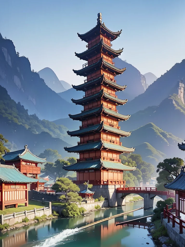 Painting of a Chinese village with a bridge over a river, Ross Tran. Landscape Background, Digital Painting of a Pagoda, Cyberpunk Chinese Ancient Castle, China&#39;s dream city, Highly detailed digital painting, Highly detailed digital painting, Detailed Landscape — Width 672, wlop and Ross Tran, Detailed painting 4k, detailed digital concept art, Highly detailed digital artwork