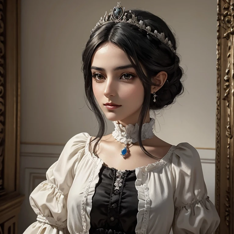 Mujer joven, cabello negros, cabello corto,pecosa, ojos color avellana, delicada como princesa, Victorian age