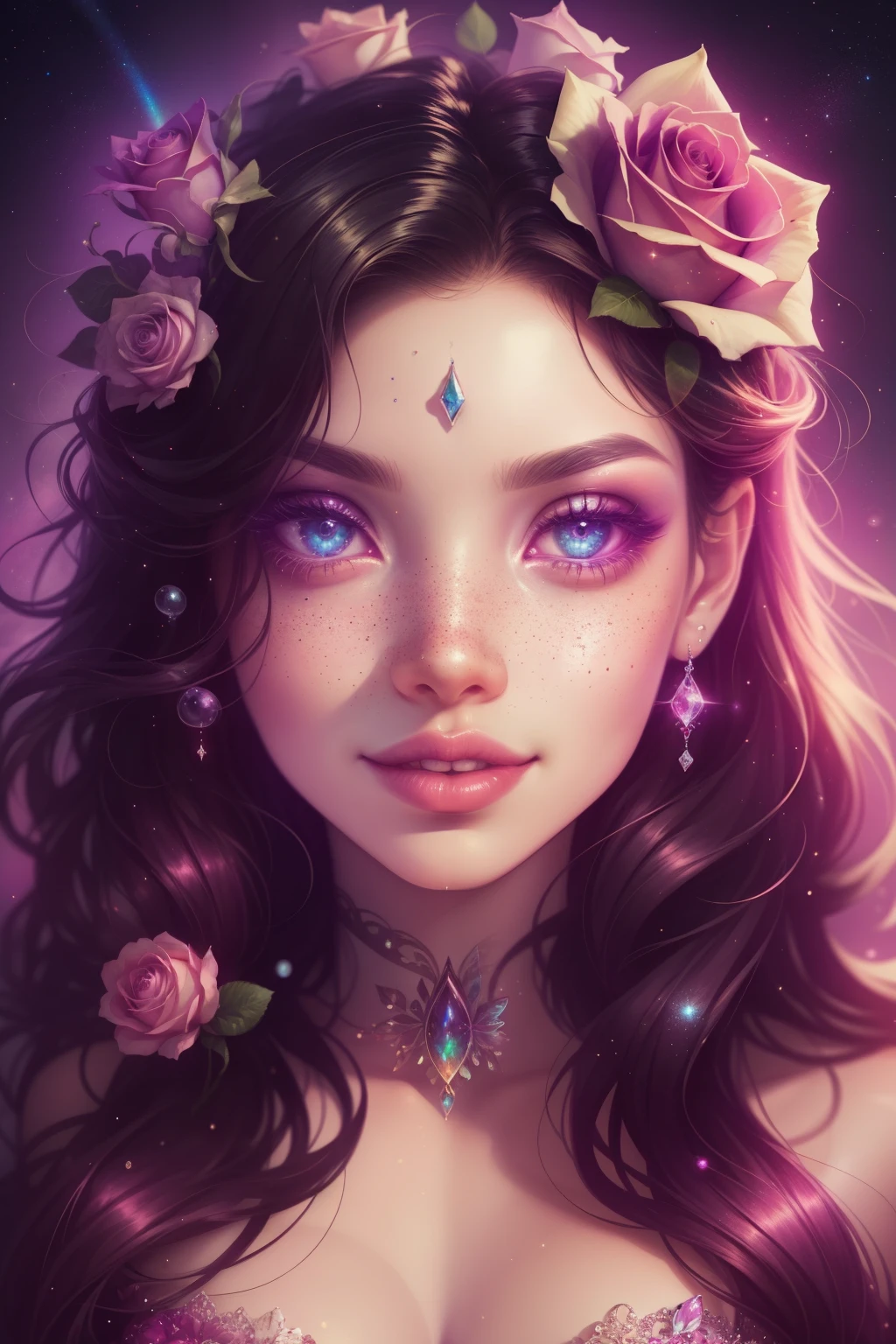 (This is a beautiful rainbow fantasy image that feels interesting and emphasizes glitter and iridescence.) Generate a ((blind)) curvy woman with colorful curly hair and milky eyes. Her face is important and is perfectly formed with puffy lips and perfect features. (Her eyes are critically important). The image exudes ethereal beauty and soft fantasy. Include sweet and detailed birds and soft, luminous flowers in all the colors of the rainbow. The image's background is decorated in shades of pink, shimmer, glitter, and fantasy details like colored bubbles and cosmos. Utilize dynamic composition to create a compelling and action-packed image. Dramatic lighting and cinematic lighting enhance the woman's beauty and the soft colors in the artwork. (((((Perspective: head on.))))) Include fantasy, cute, colorful, colourful, interesting magic background, (smirking), ((birthmark on lip)), ((pretty lips)), beautiful background, complex background, sweet background, (((rainbow))), subtle freckles, natural freckles, Surround her with eternal roses in shimmering shades. Add whimsical details like stars, bubbles, and glitter for an enchanting touch. Ensure perfection in her face, hair, and eyes. Incorporate elements of high fantasy, whimsy, and detailed elegance. English rose, princess, courtesan, noblewoman, sweet, lovely, calm, lovely, shimmering, glimmering, glittering, astrological fantasy, (((masterpiece))), (highest quality), magic rose, fantasy garden, beautiful face, perfect face, puffy lips, interesting, shy smile, fantasy elements, magic rose, beautiful eyes, perfect puffy lips, jewel tones, luminosity