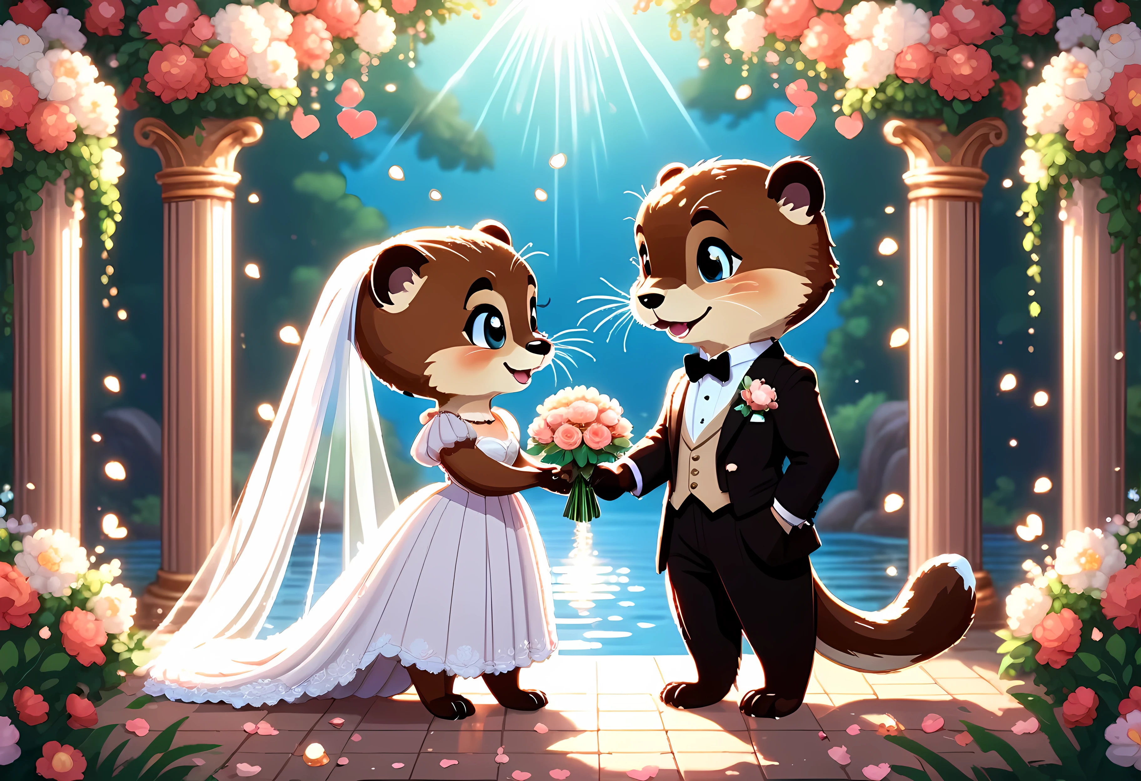 CuteCartoonAF, Cute Cartoon, cute cartoon pixel illustration, (masterpiece in maximum 16K resolution, superb quality, ultra detailed:1.3), side view of an otter love couple on the (classic wedding ceremony), (vintage outfit:1.4), (columns surrounded with flowers, floating petals), divine aura, serene romantic atmosphere.
