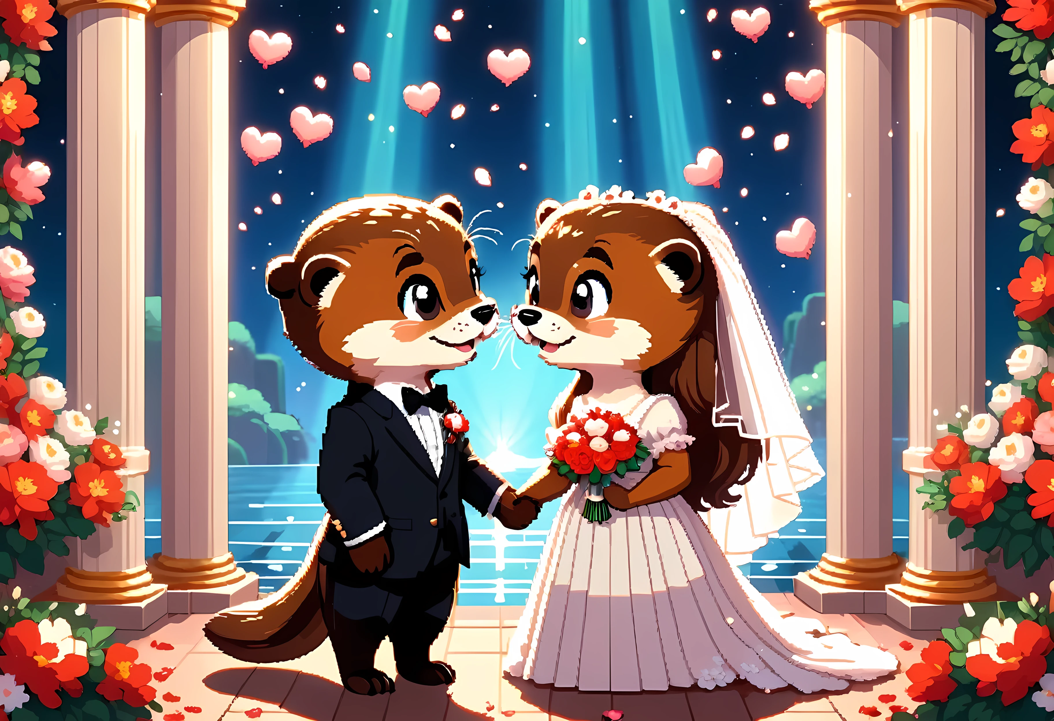 CuteCartoonAF, Cute Cartoon, cute cartoon pixel illustration, (masterpiece in maximum 16K resolution, superb quality, ultra detailed:1.3), side view of an otter love couple on the (classic wedding ceremony), (vintage outfit:1.4), (columns surrounded with flowers, floating petals), divine aura, serene romantic atmosphere.
