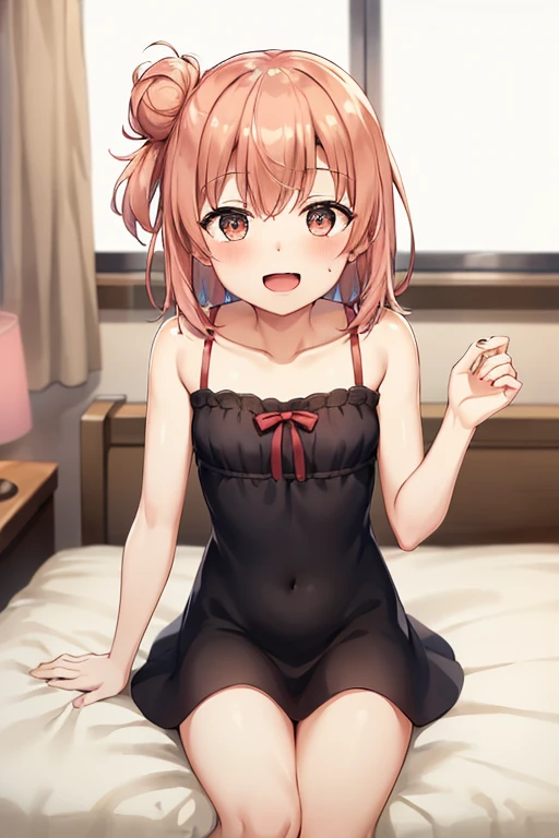 ((highest quality)), ((masterpiece)), (be familiar with), Perfect Face, indoor, Bedroom, Watching the audience,
One woman, Yuigahama Yui,
Open Mouth, Ecstatic expression, blush, smile,
Small breasts, Flat Chest, Young Girl, , , Girl,
Short Hair, Salmon-colored hair, Salmon-colored eyes, Side Pony,
Leg spread,