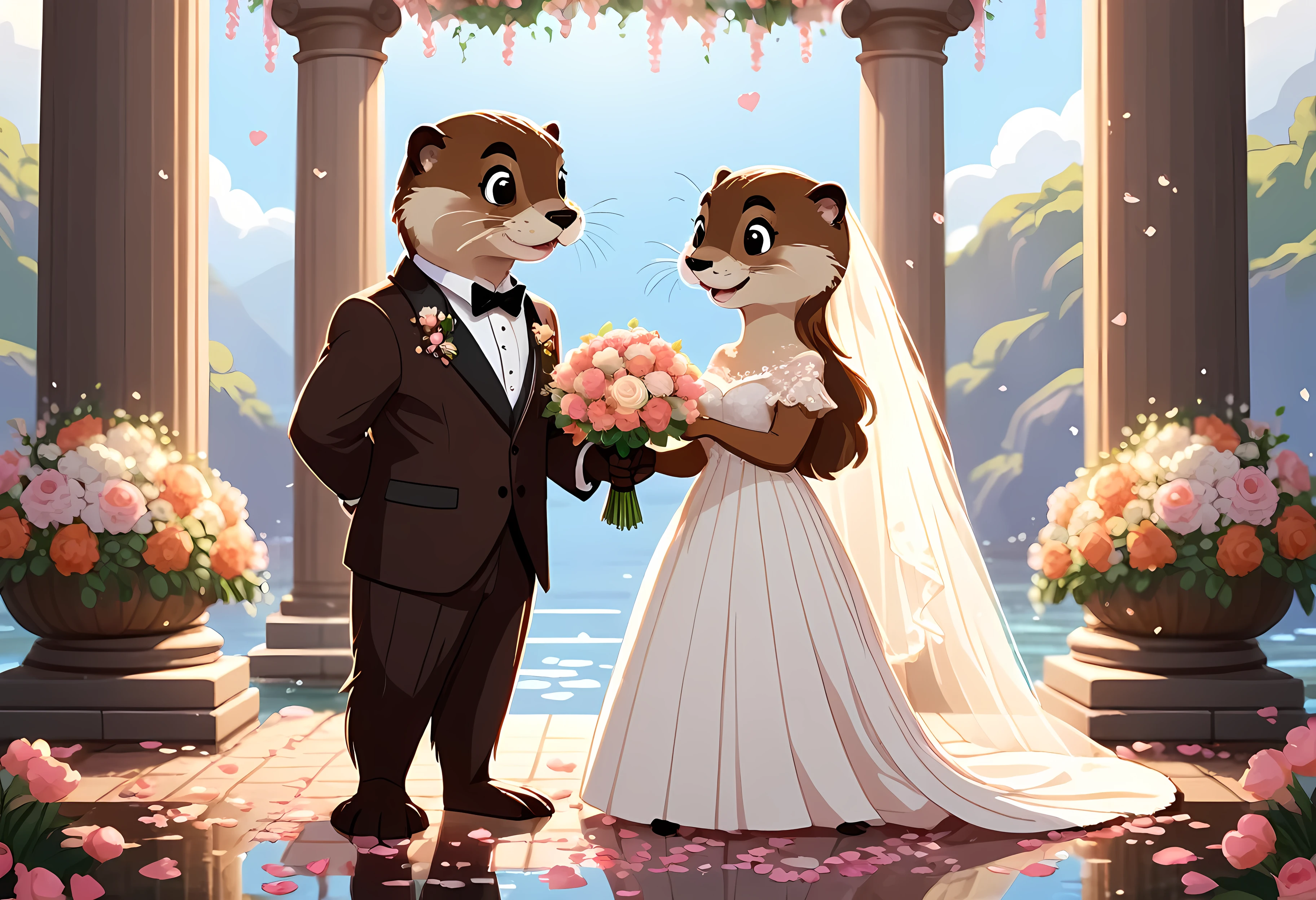 CuteCartoonAF, Cute Cartoon, cute cartoon pixel illustration, (masterpiece in maximum 16K resolution, superb quality, ultra detailed:1.3), side view of an otter love couple on the (classic wedding ceremony), (vintage outfit:1.4), (columns surrounded with flowers, floating petals), divine aura, serene romantic atmosphere.
